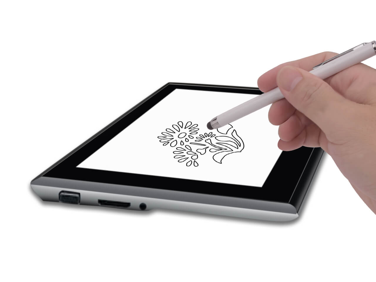 Stylus with chain and holder for touchscreens, capacitive screen device stylus, high reliability touchscreen pen. Sensitivity of the pen is ensured by the use of low-impedance materials