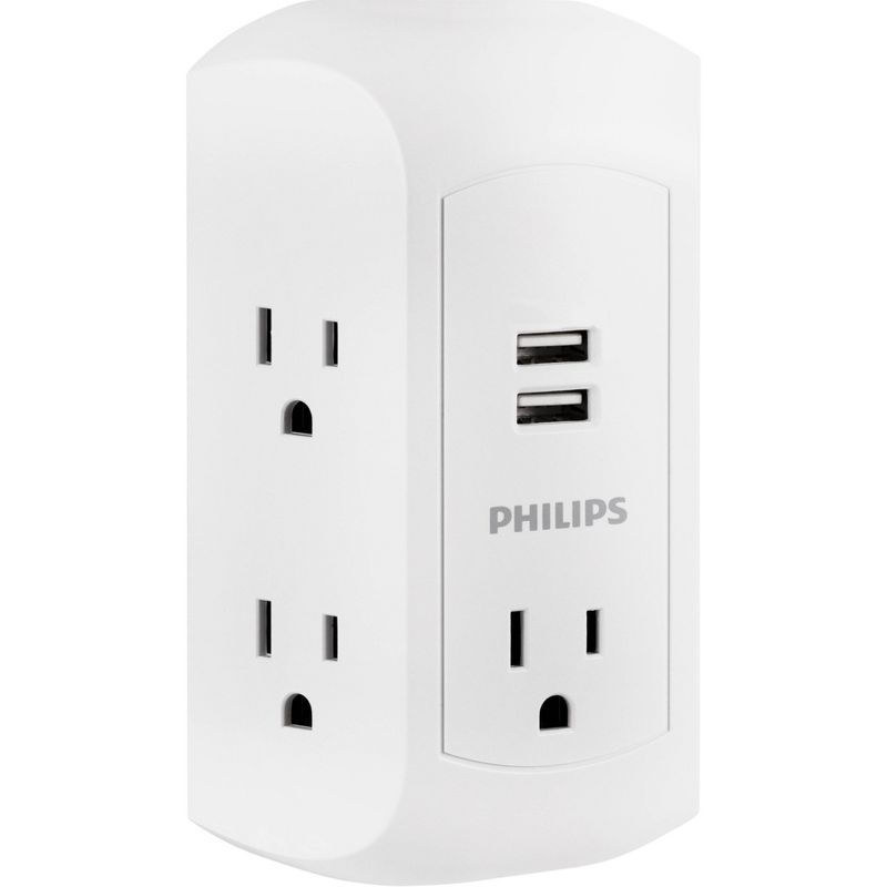 Philips 5-Outlet Grounded Tap 2 USB Ports 2.4A Adapter Spaced Outlets 560J - White Turtle