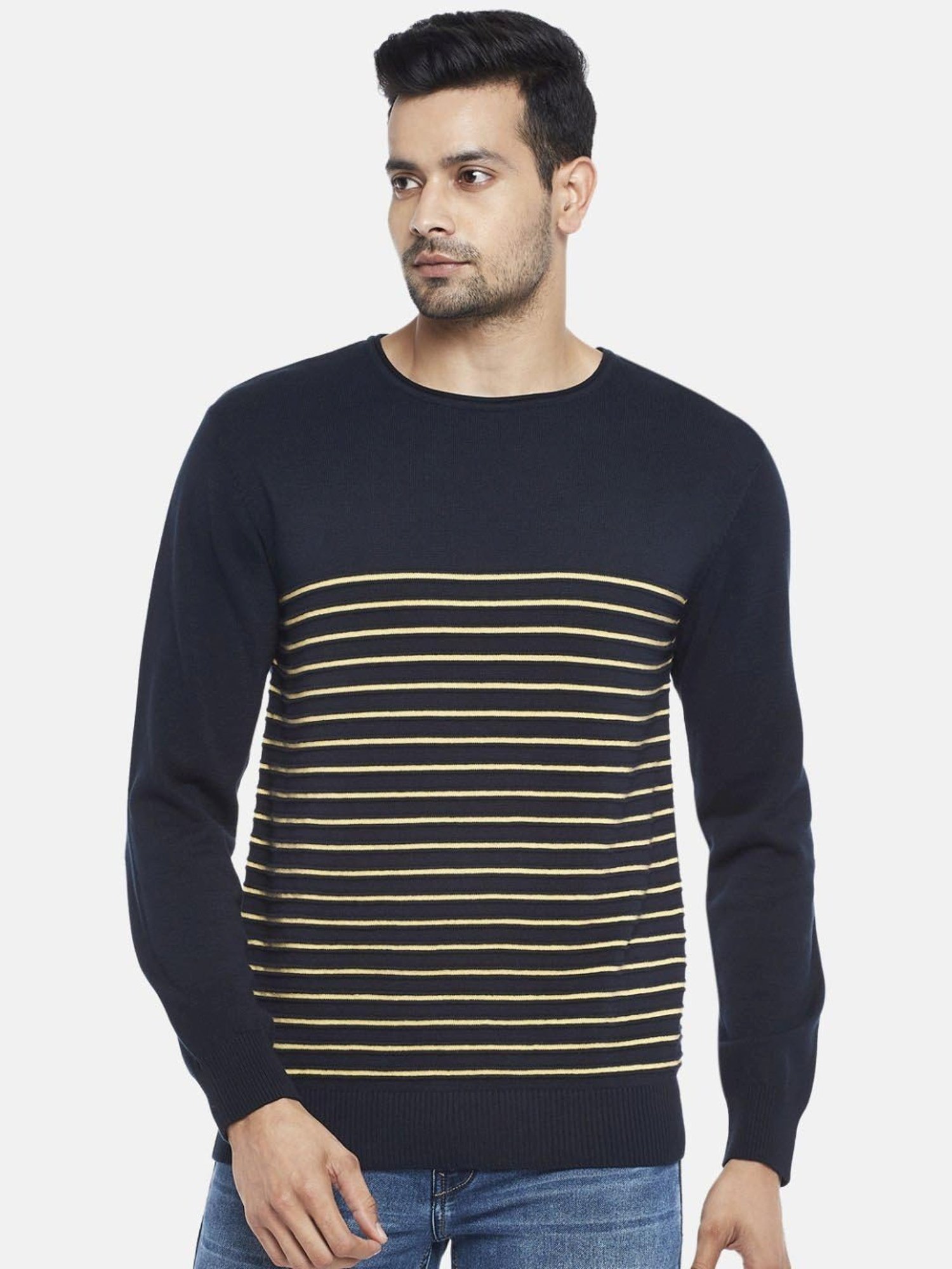 Byford By Pantaloons Navy Cotton Regular Fit Striped Sweaters