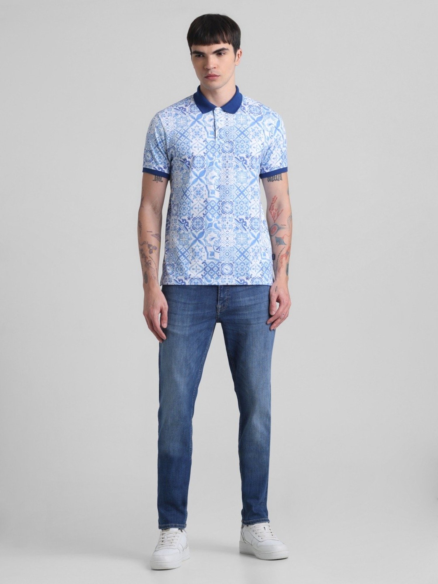 Jack & Jones Blue Ashes Cotton Regular Fit Printed Polo T-Shirt