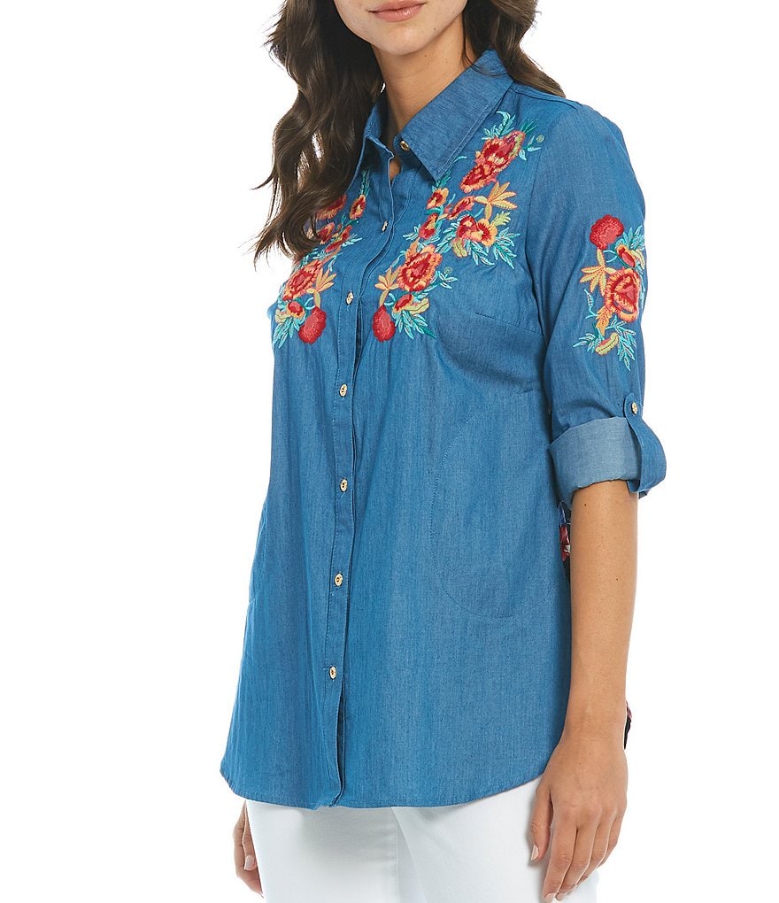 Calessa Embroidered Contrast Back Button Front Poplin Tunic