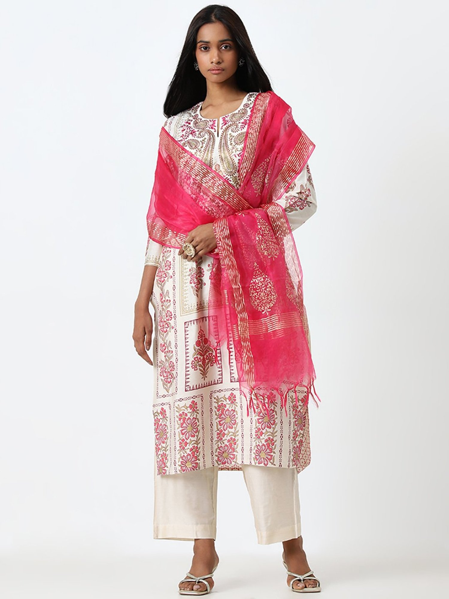 Vark by Westside Pink Embroidered Straight Kurta, Pants and Dupatta Set