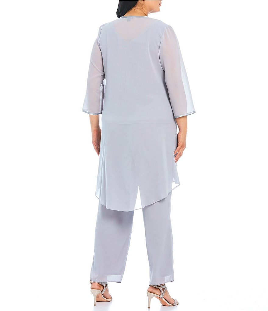 Le Bos Plus Size Crew Neck 3/4 Sleeve Embroidered Georgette 3-Piece Duster Pant Set