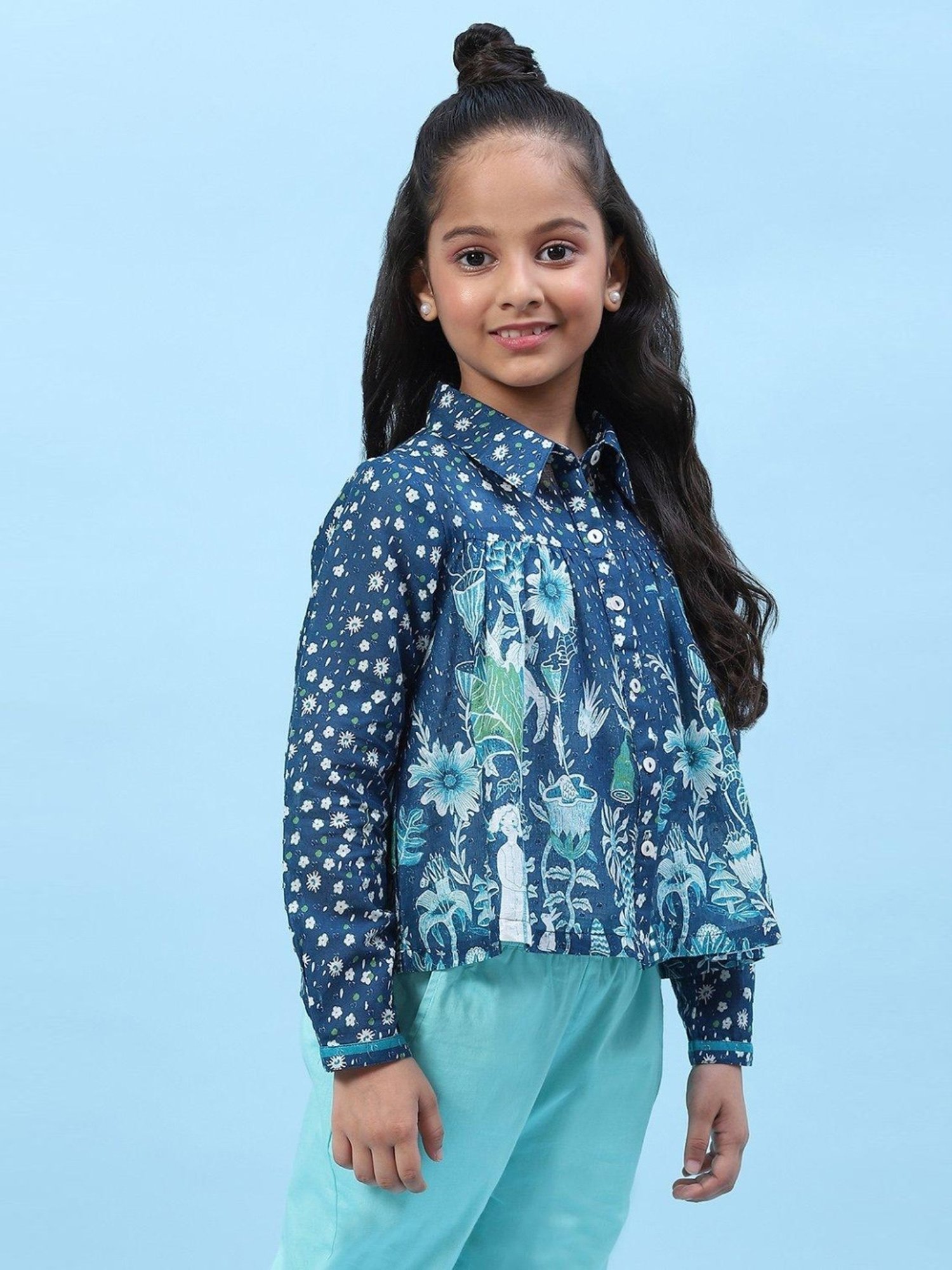 Biba Kids Blue Cotton Floral Print Full Sleeves Shirt