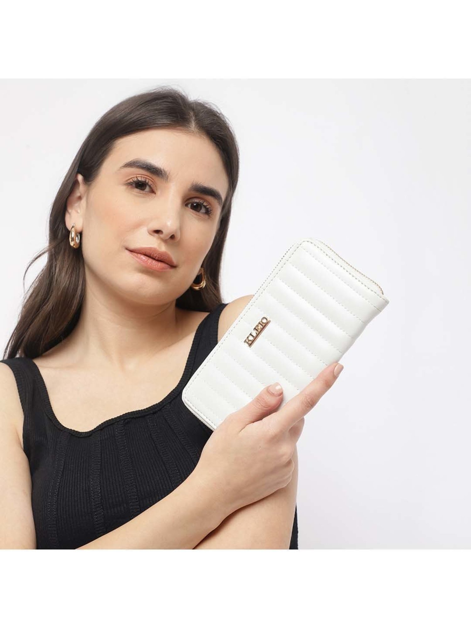 KLEIO White Quilted Zip Around Wallet for Women