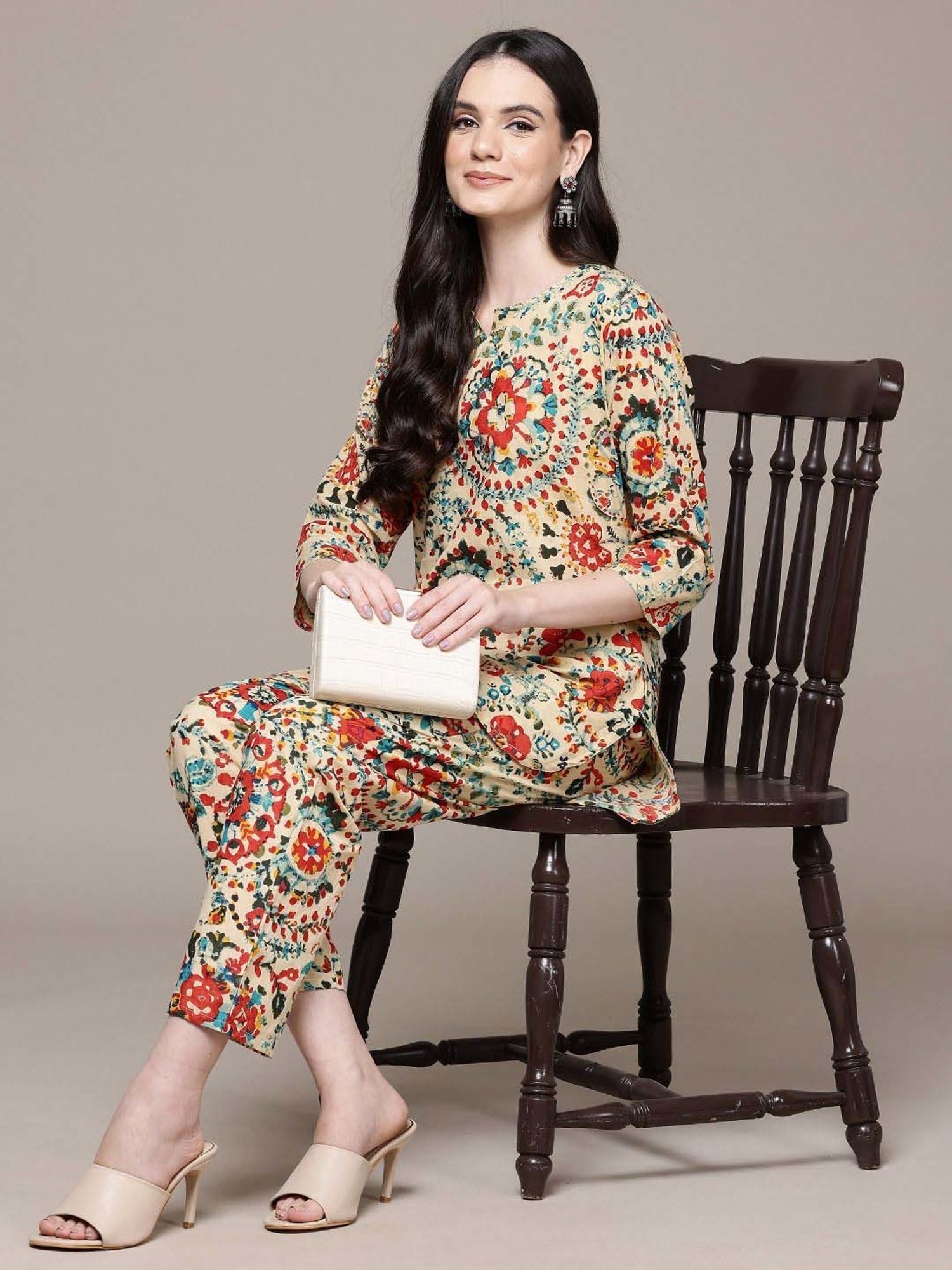 READIPRINT FASHIONS Beige Cotton Printed Short Kurti Pant Set