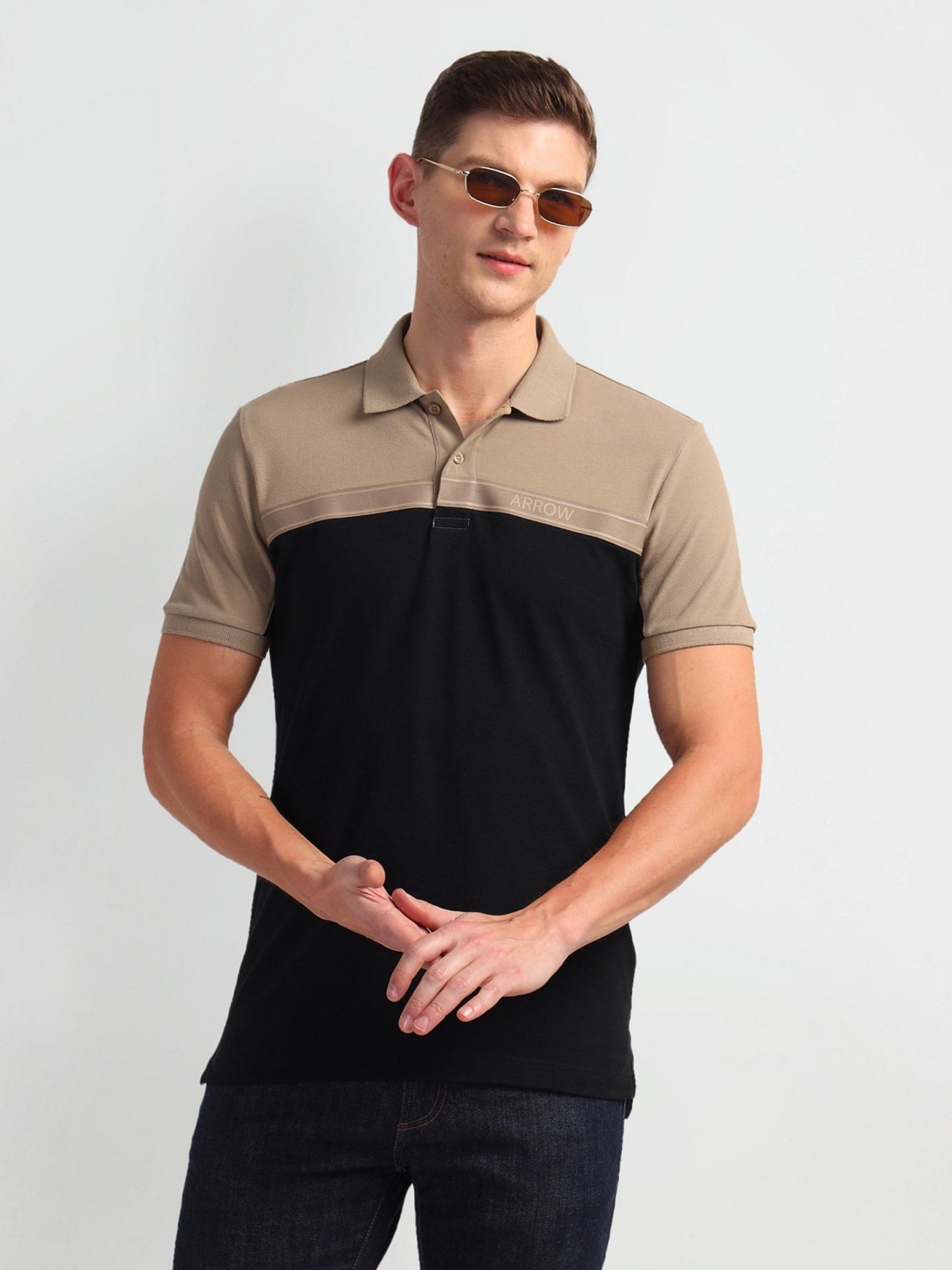 Arrow Sports Black Cotton Regular Fit Colour Block Polo T-Shirt
