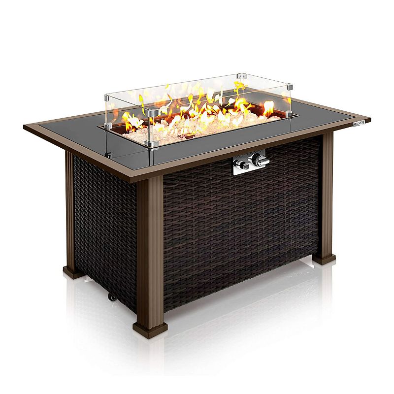Serenelife SLFPTL Outdoor Backyard Steel Patio Liquid Propane Heated Fire Pit Table with Glass Guard, Tabletop, and Rattan Panels, Black