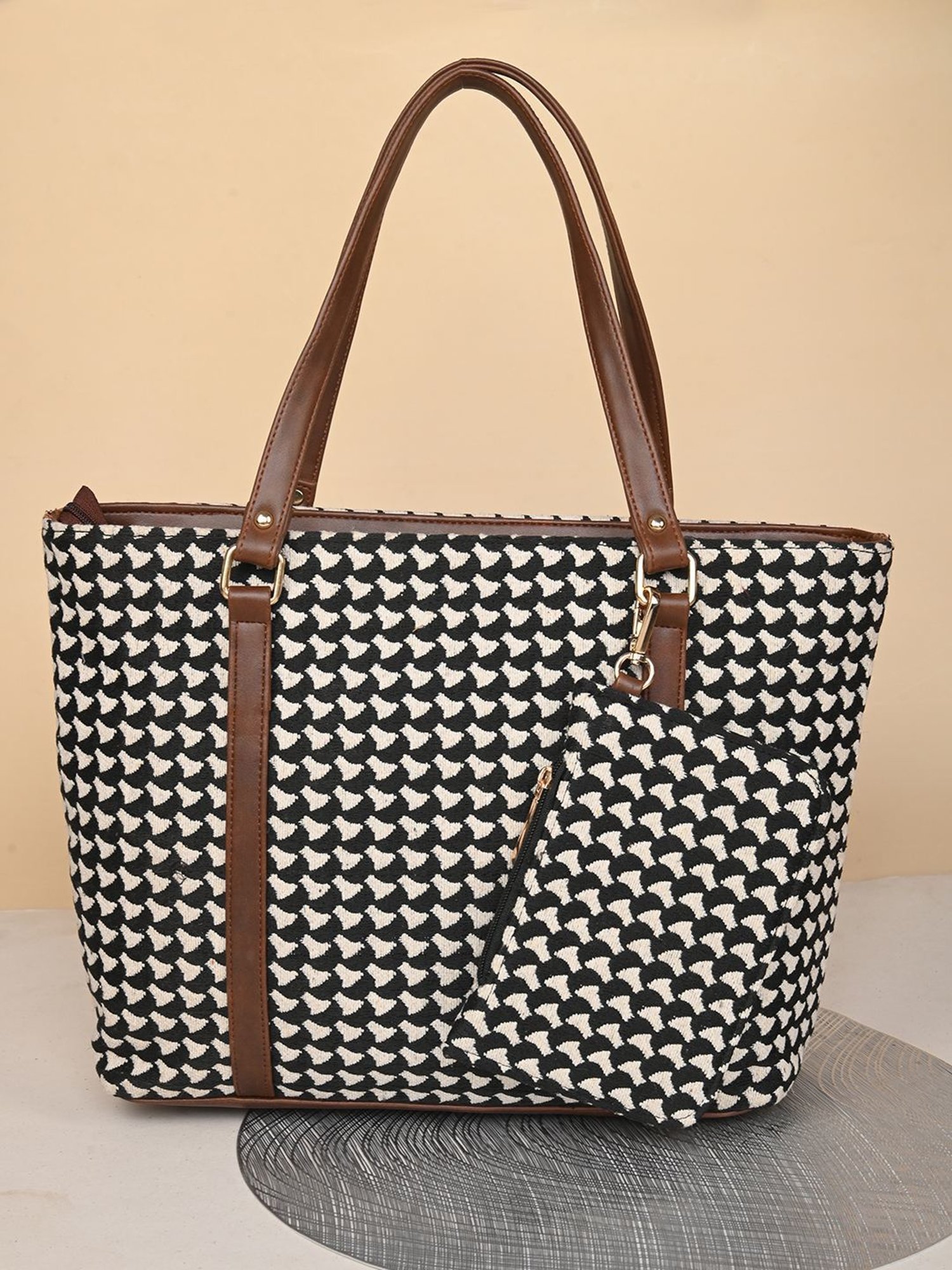 Gaurapakhi Black & White Printed Large Tote Bag