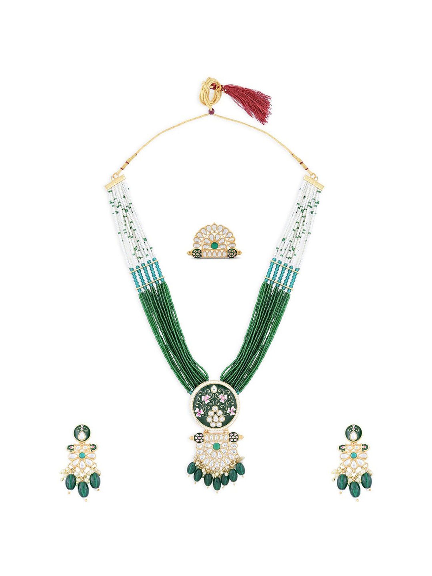 Zaveri Pearls Green Pink Meenakari Multistrand Beaded Kundan Necklace Earring Ring Set-ZPFK15624