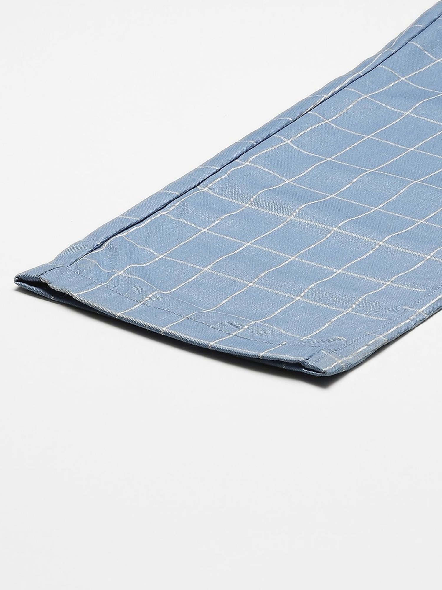 Sojanya Blue Cotton Regular Slim Fit Checks Flat Front Trousers