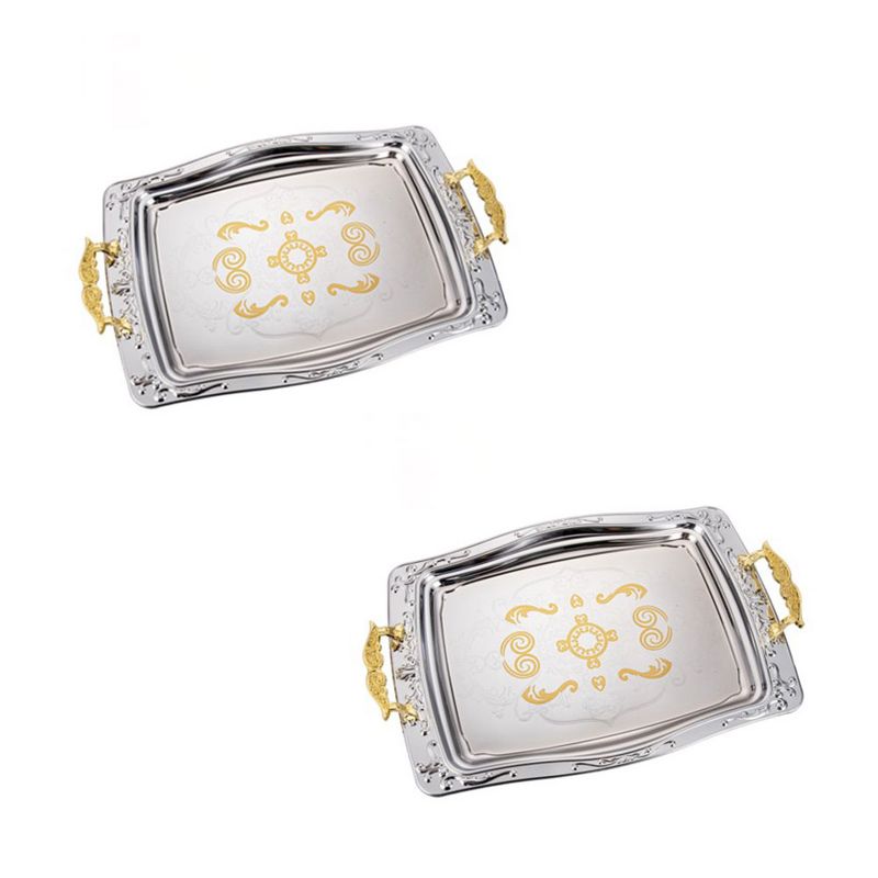 Alpine Cuisine Elegant 2 Piece Serving Tray Set with Gold Plated Bottom, Carrying Handles, and Food Safe Silkscreen for Entertaining, Silver