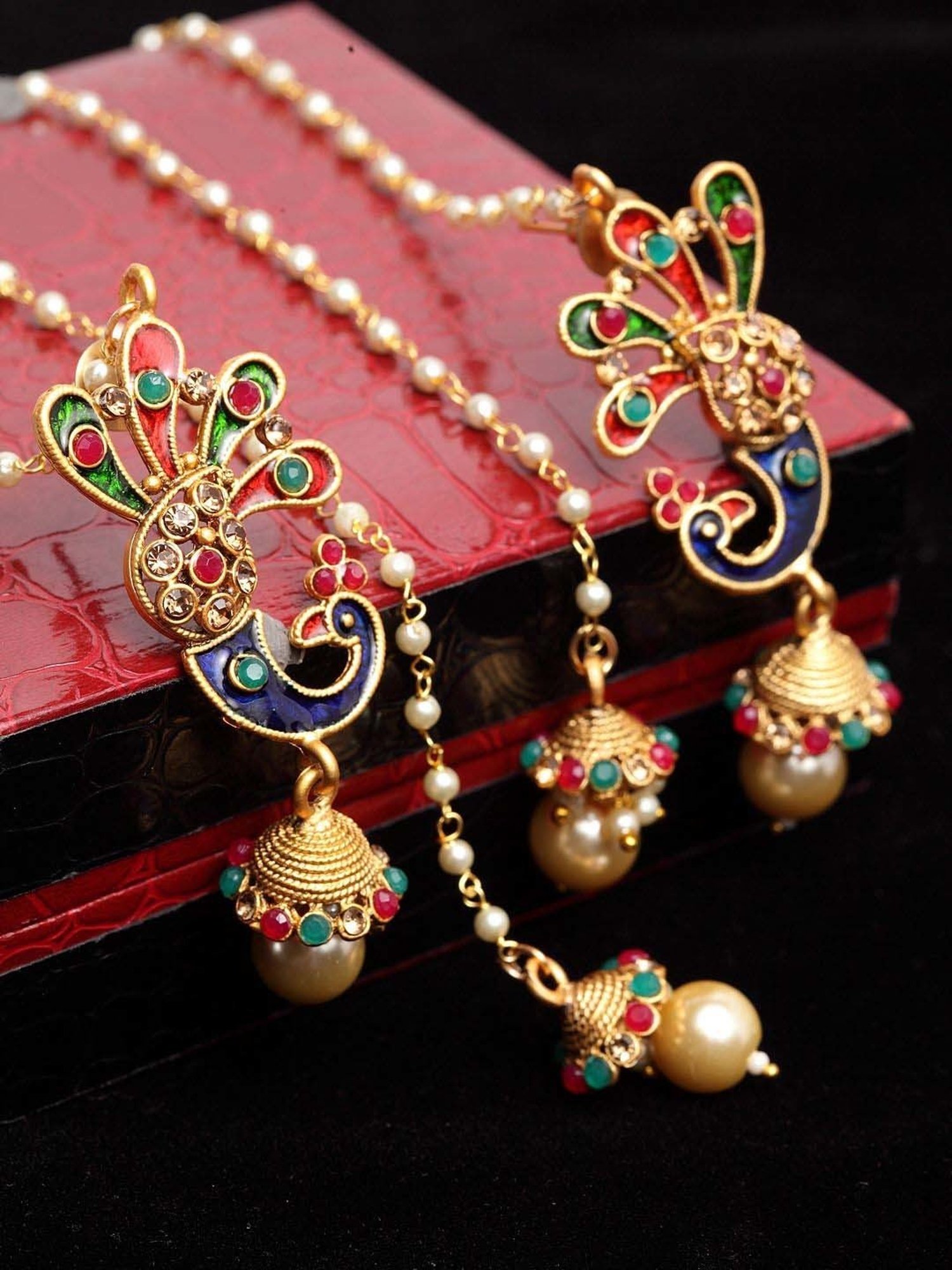 Panash Gold-Plated Peacock Shaped Meenakari Long Jhumki Earrings