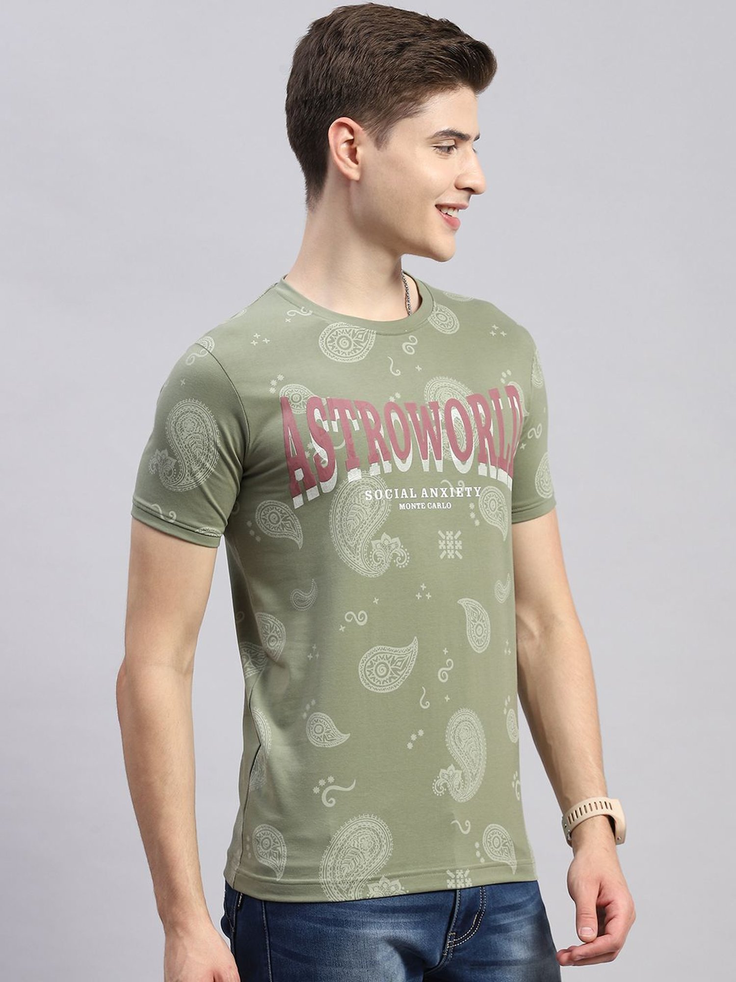 Monte Carlo Olive Smart Fit Printed T-Shirt