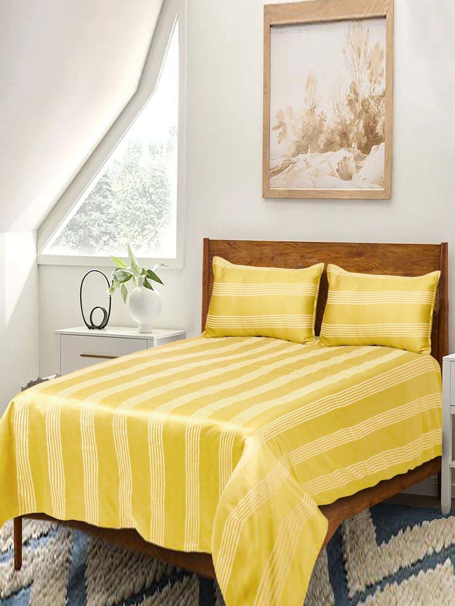 Saral Home Easy Living Yellow Cotton Dhari Soft Self Pattern Queen Bed Sheet With Pillow Covers