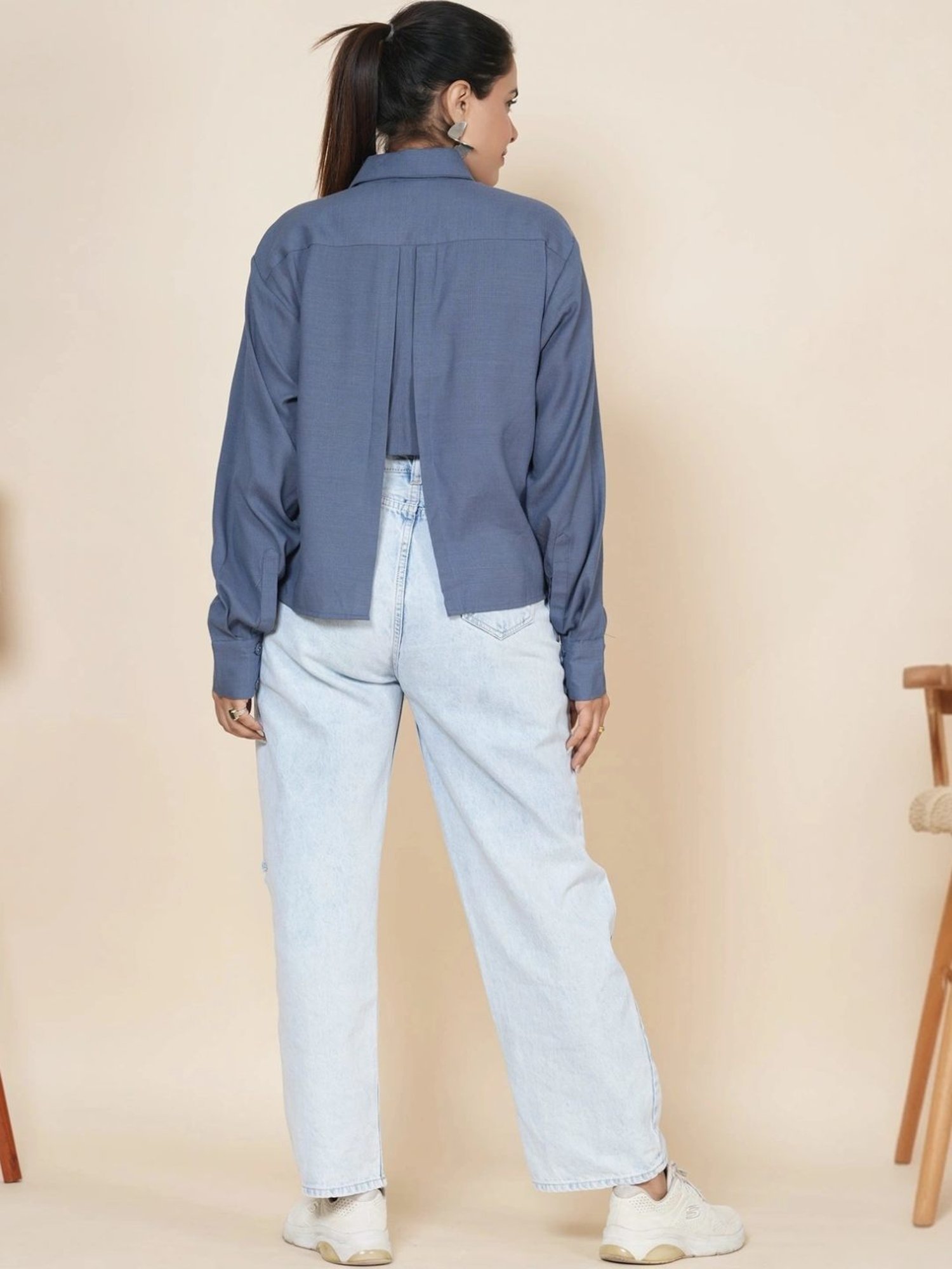 Kaftanize Blue Crop Linen Slit Back Shirt with Thread Work Embroidery