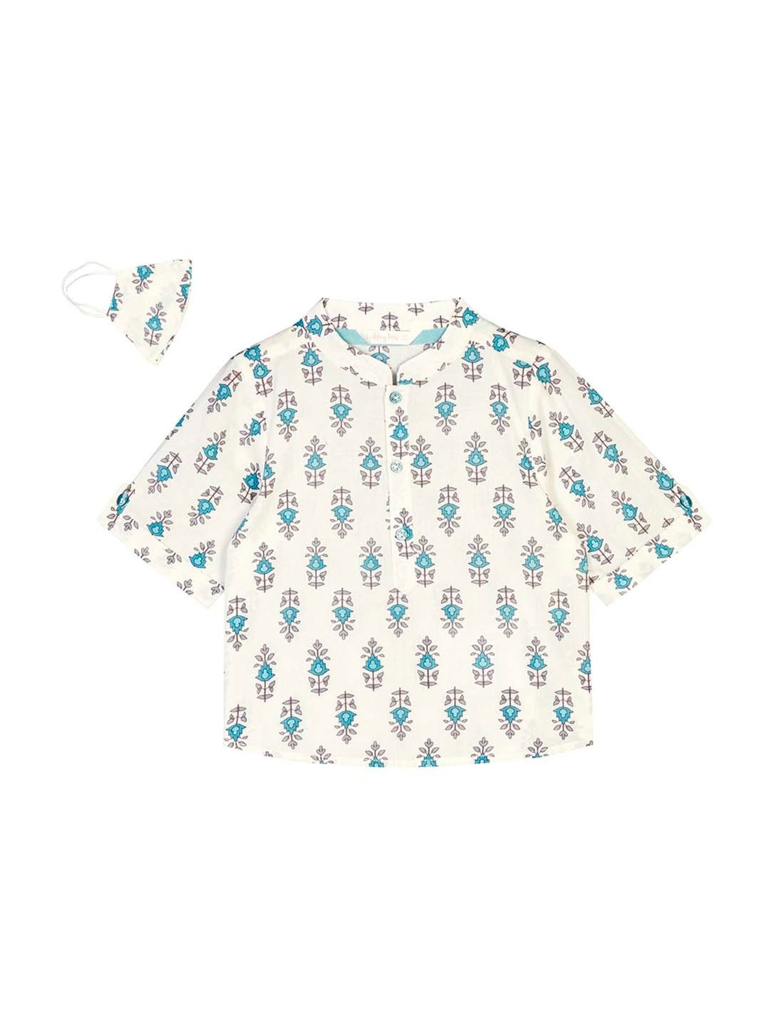 Budding Bees Boys Blue & White Cotton Printed Shirt with Mask