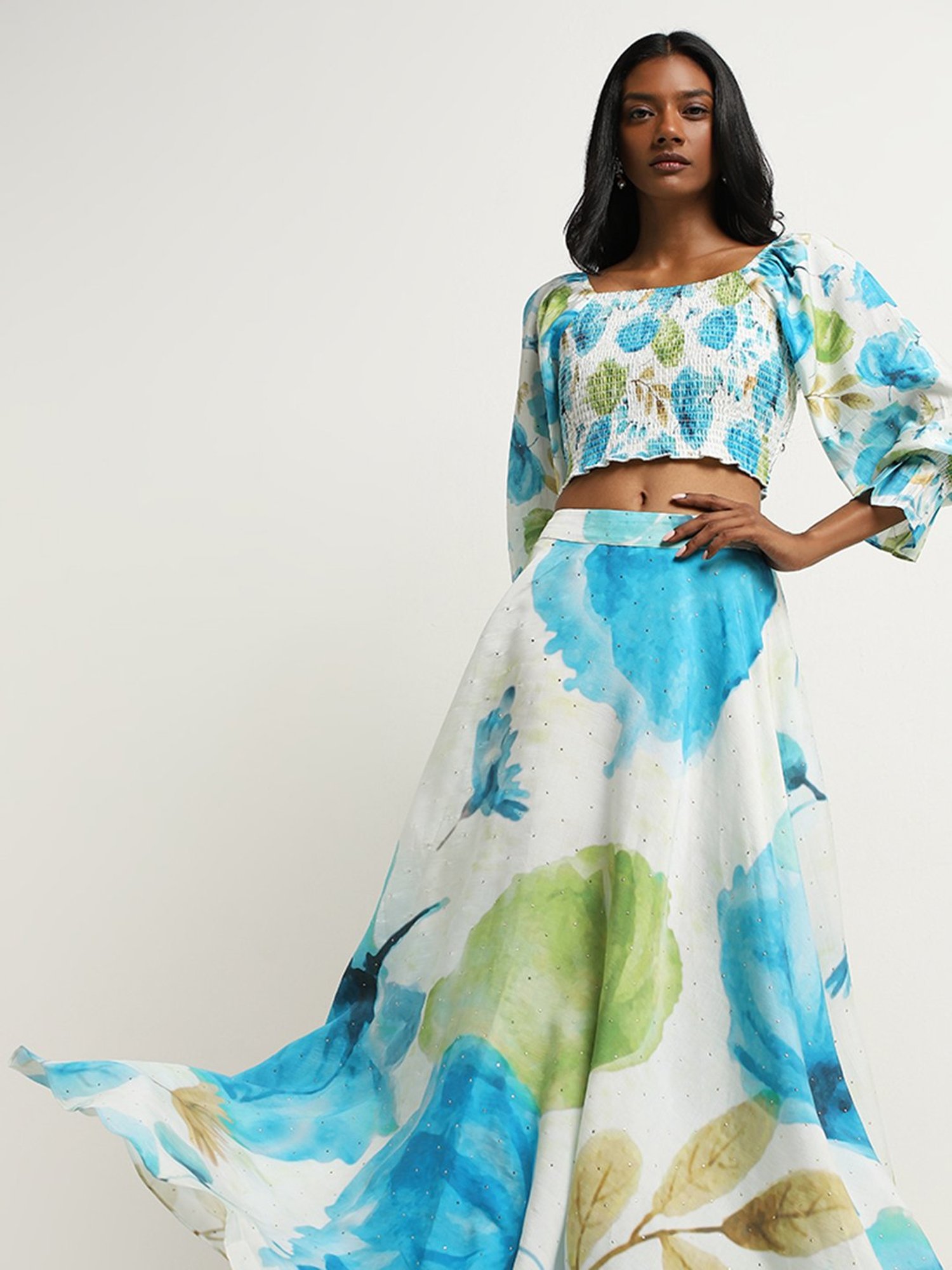 Vark by Westside Blue Floral Smocked Top with Mid-Rise Skirt Set