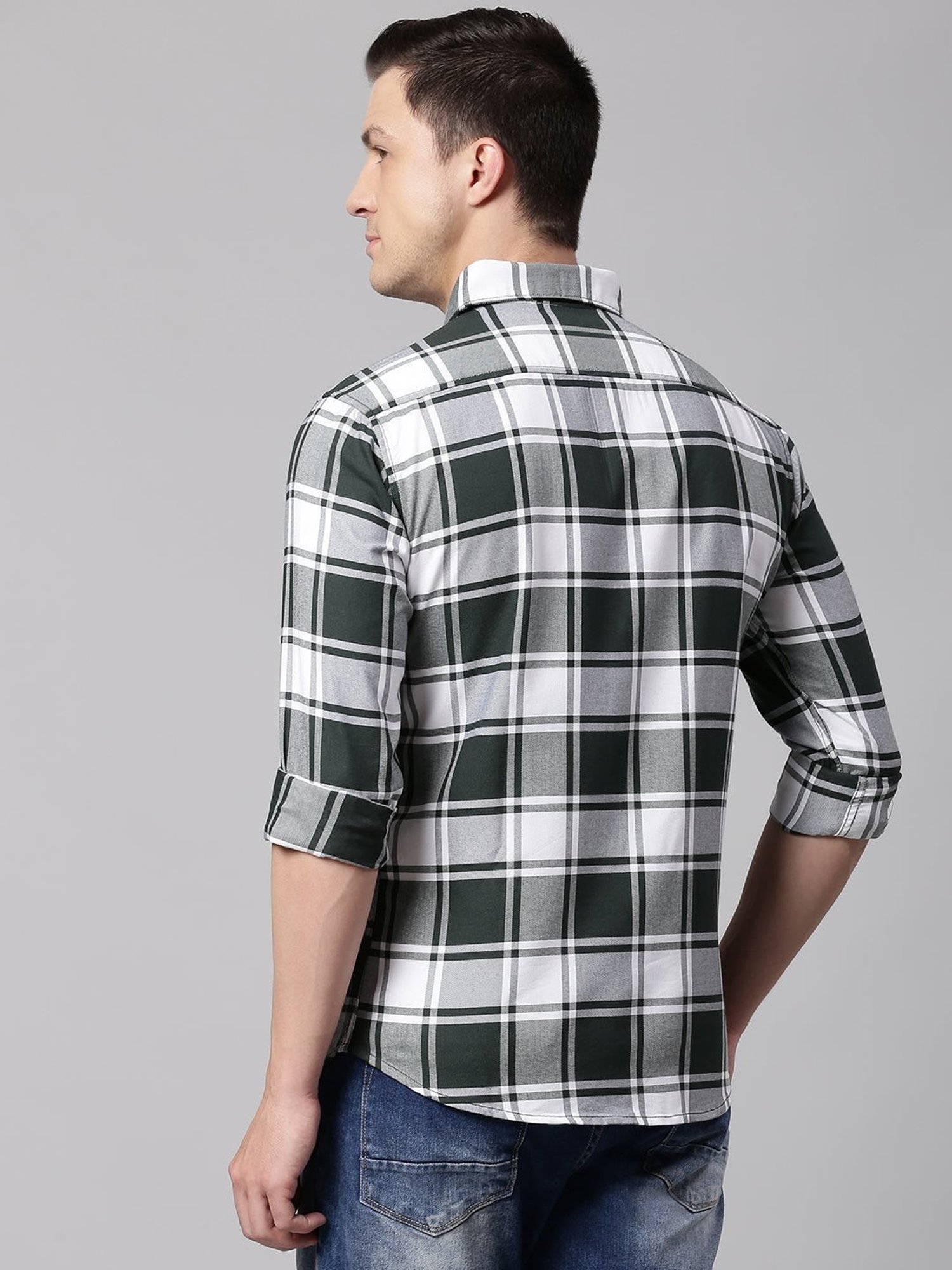 Dennis Lingo Green & White Cotton Slim Fit Checks Shirt