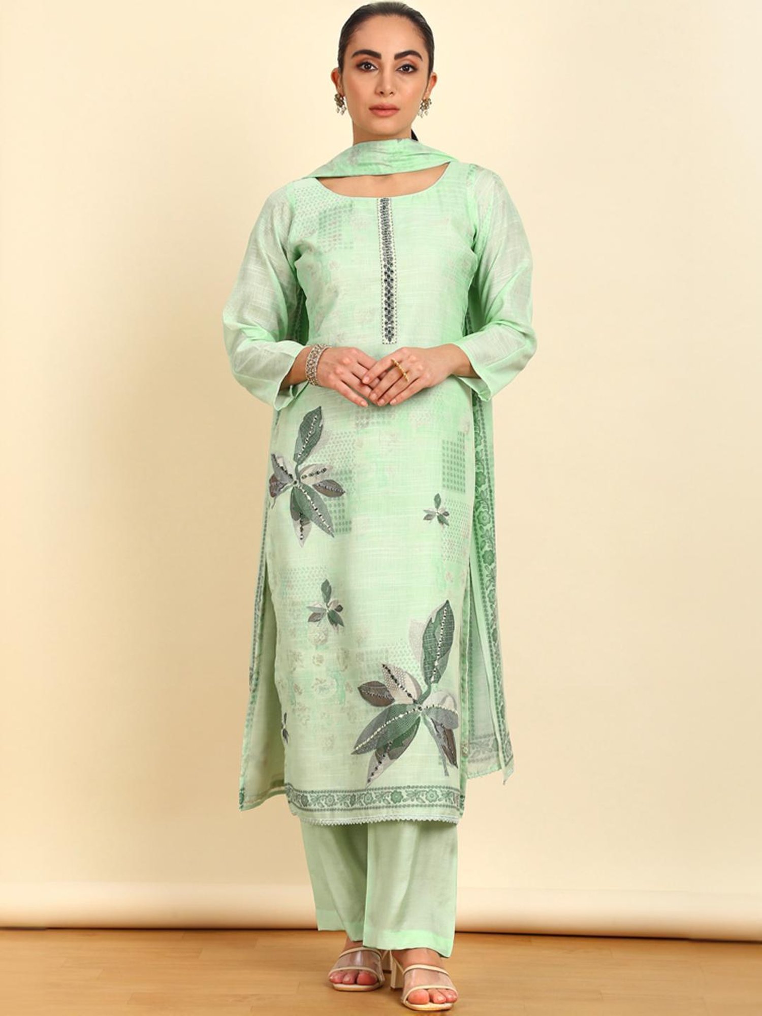 Soch Womens Sap Green Floral Print Linen Unstitched Dress Material With Mirrors