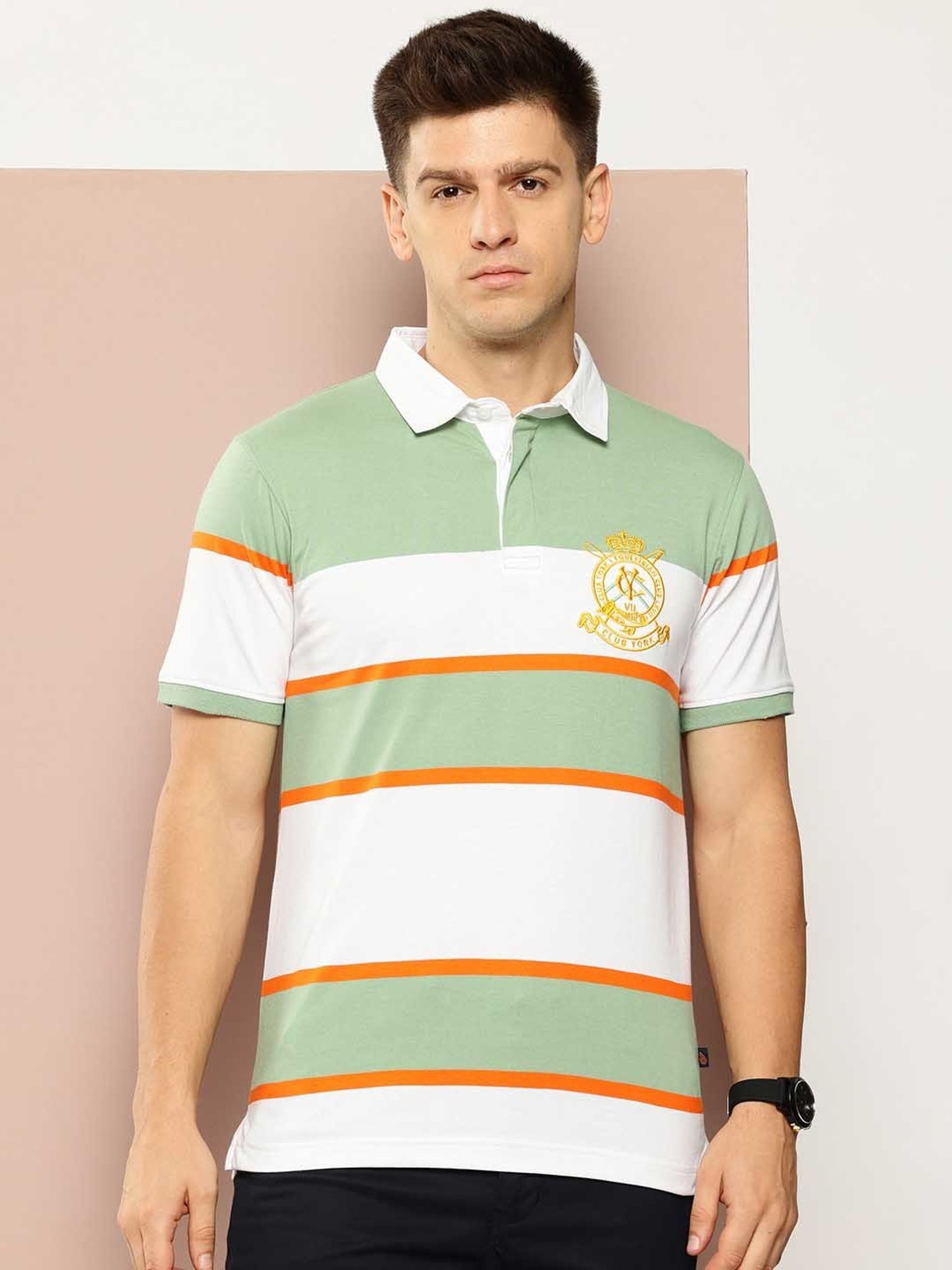 Club York Light Green & White Regular Fit Striped Polo T-Shirt