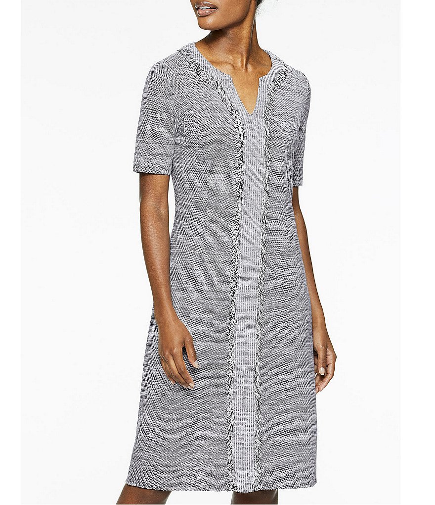 Ming Wang Birdseye Knit Fringe Trim Short Sleeve Knit Dress