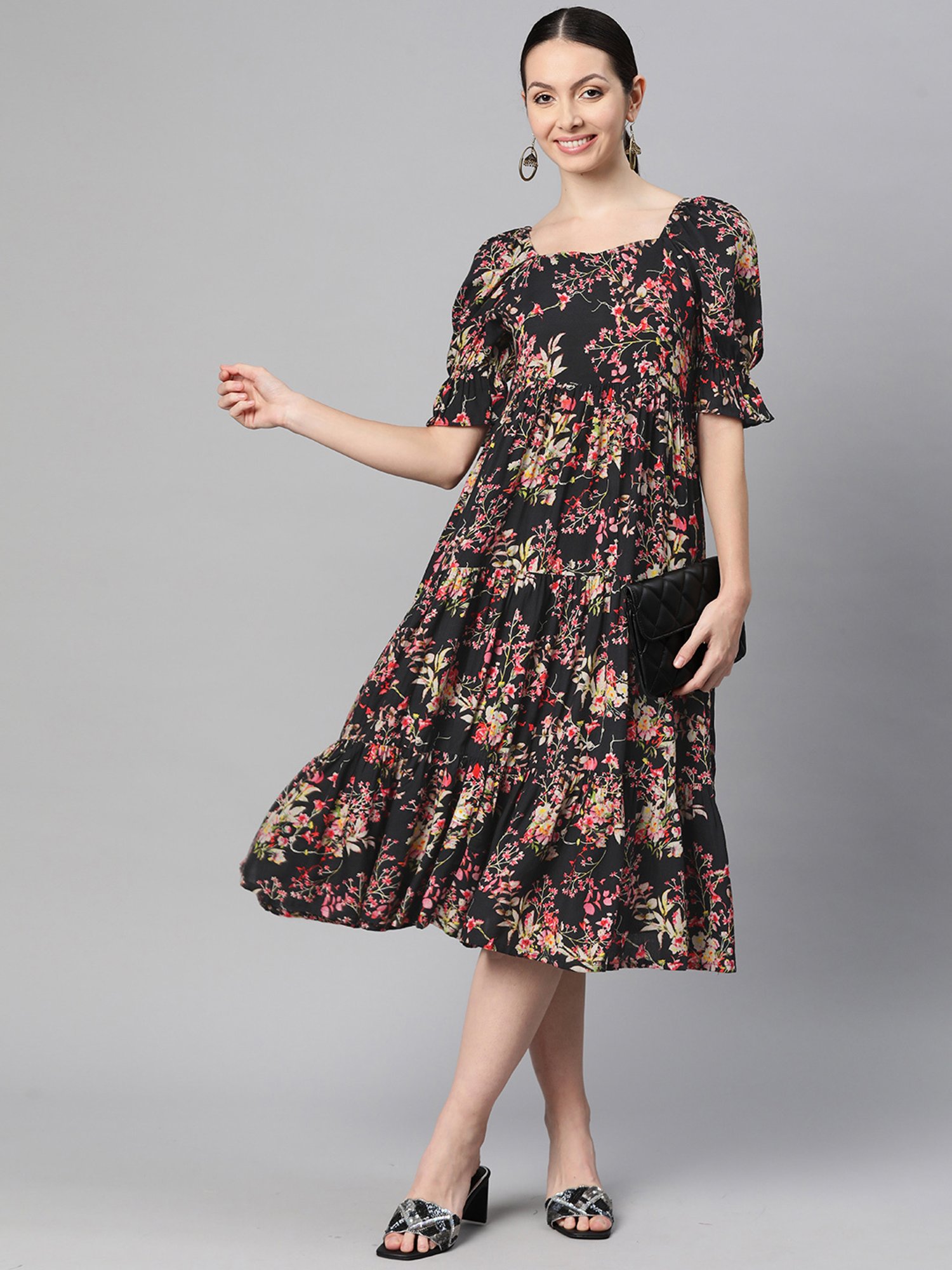 Indibelle Black Floral Ethnic Dress