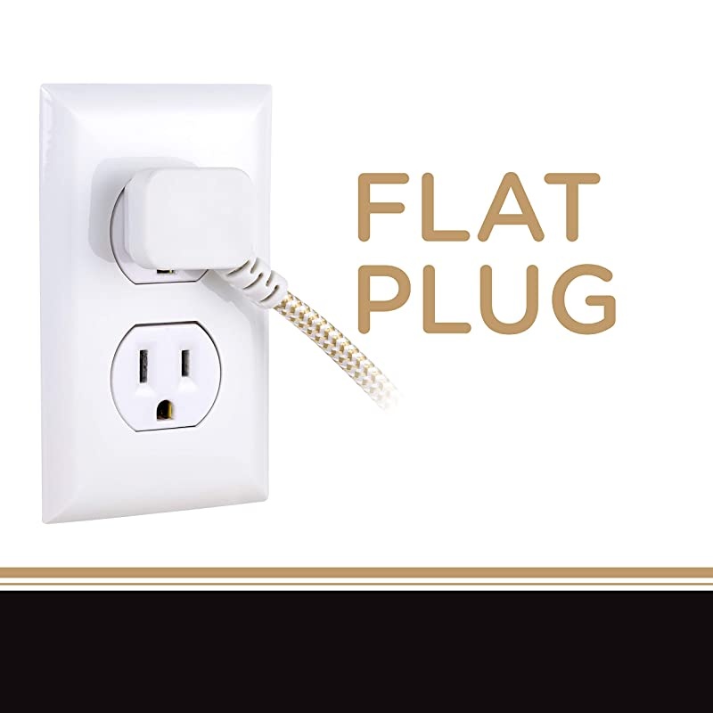 Designer 3-Outlet Extension Cord, 8 Ft Braided Cable, 2-Prong Power Strip, Slide-to-Lock Safety, Low-Profile Flat Plug, Polarized, ETL Listed, White/Tan, 41891-T1