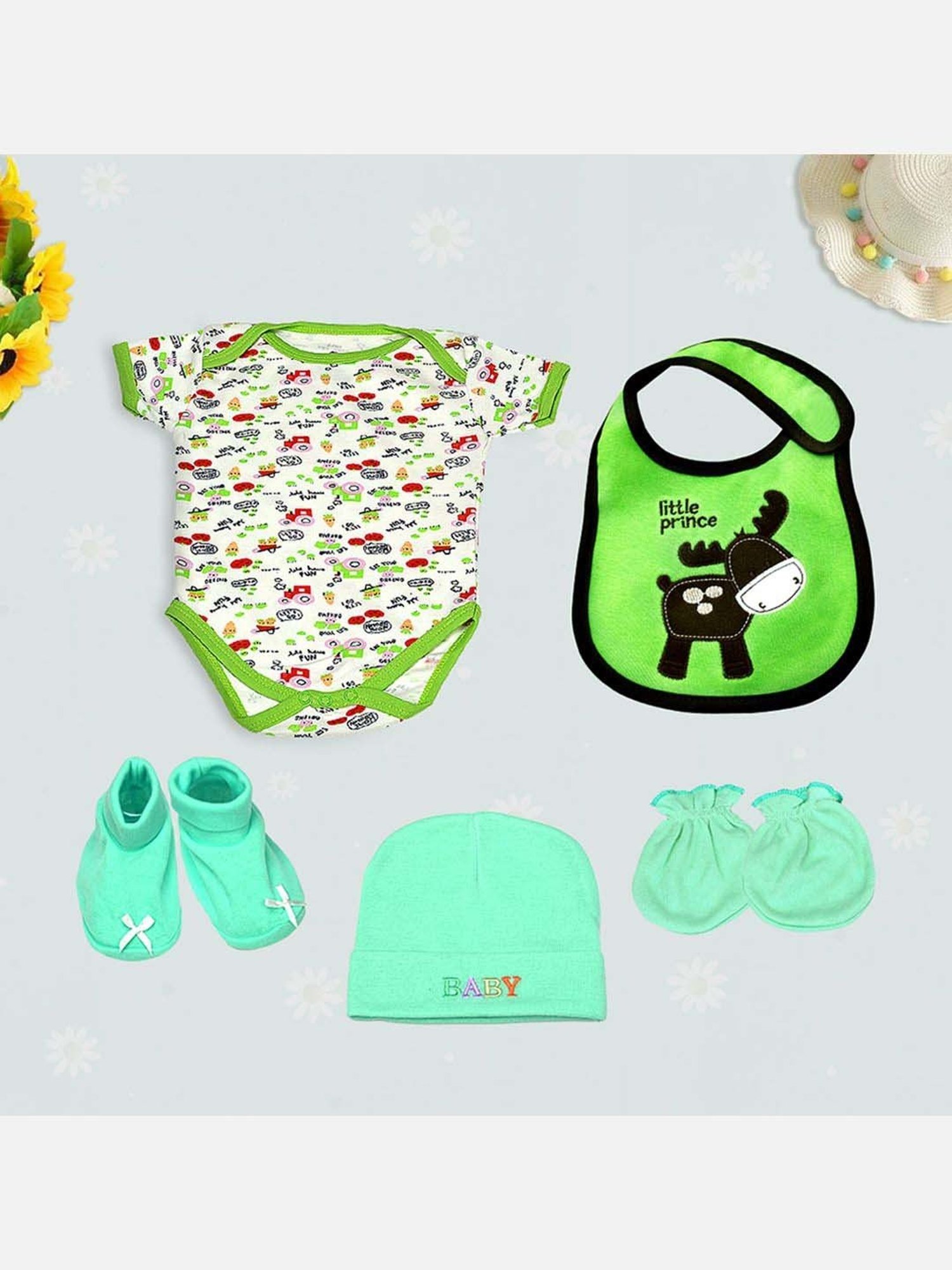 Little Surprise Box Kids Green & White Cotton Printed Full Sleeves Gift Set