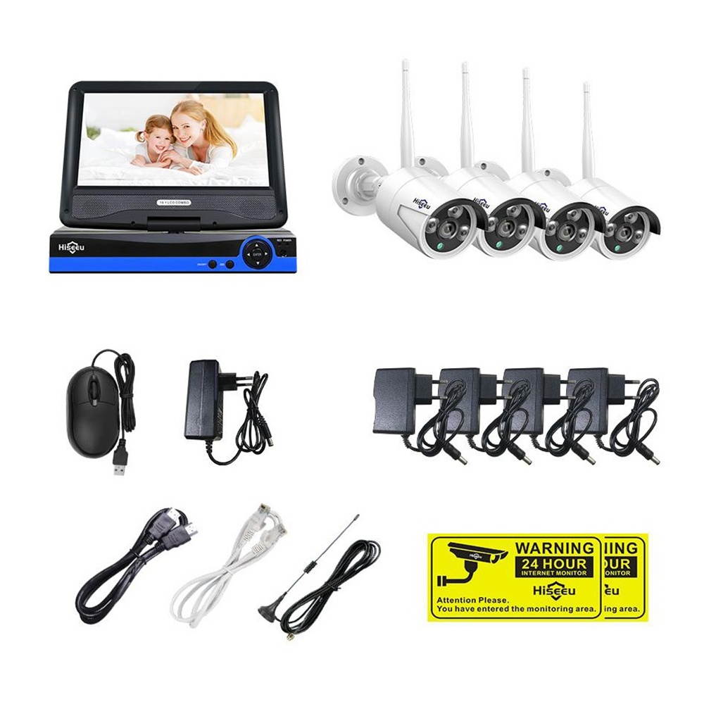 Hiseeu 10 inch Display 4pcs 1080P Wireless CCTV IP Camera 8CH NVR WiFi Video Surveillance System
