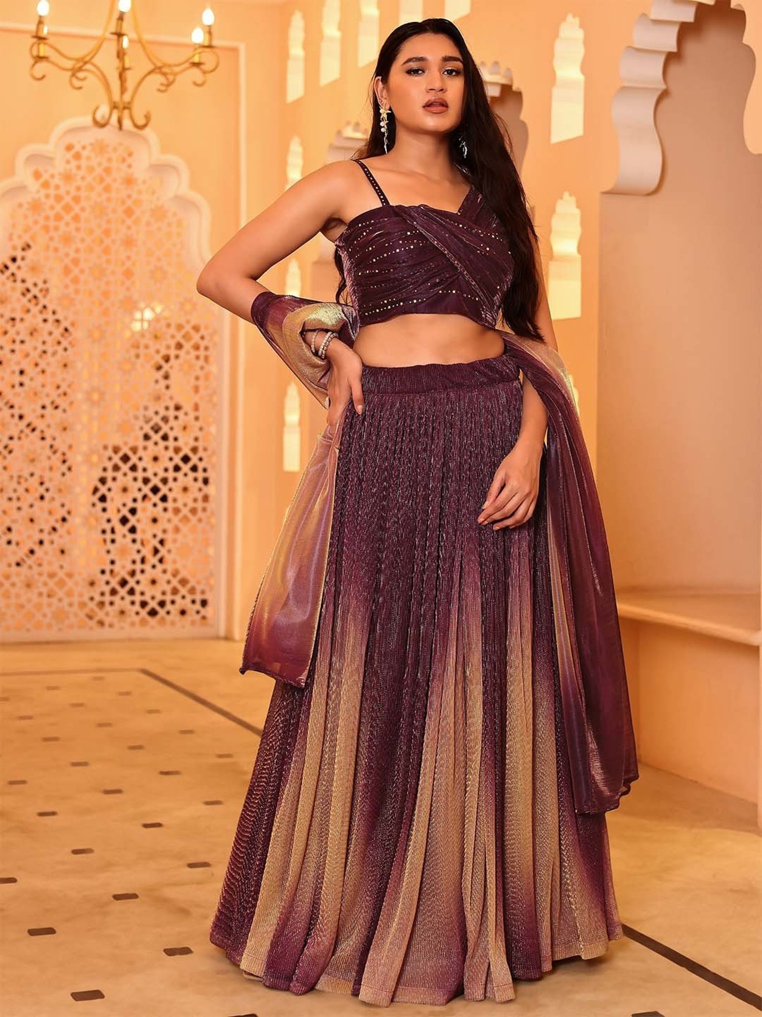 PURVAJA Wine Woven Lehenga Choli Set With Dupatta