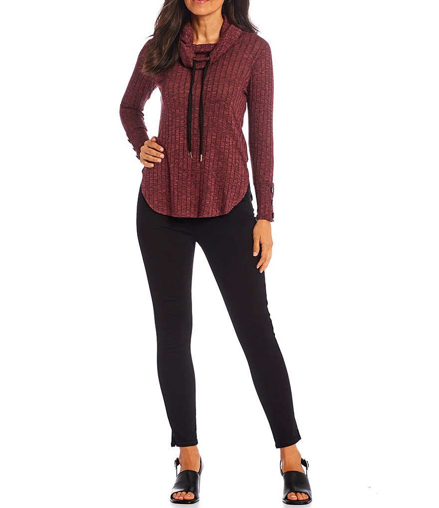 I.N. Studio Petite Solid Drawstring Cowl Neck Long Sleeve Knit Top