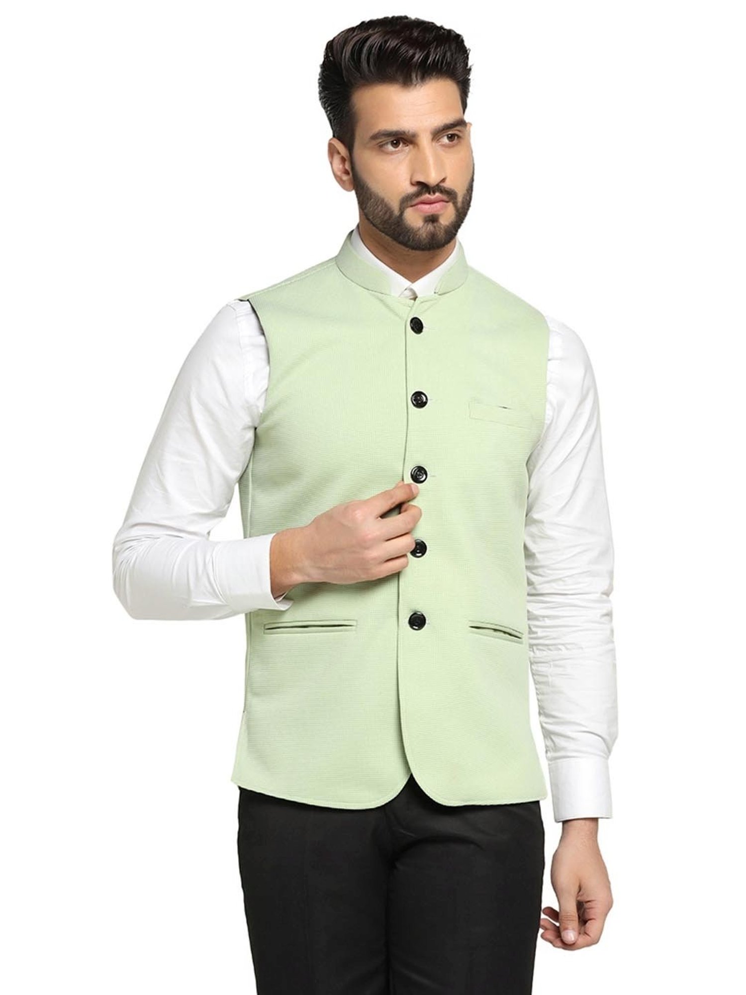 TAHVO Green Satin Slim Fit Nehru Jacket