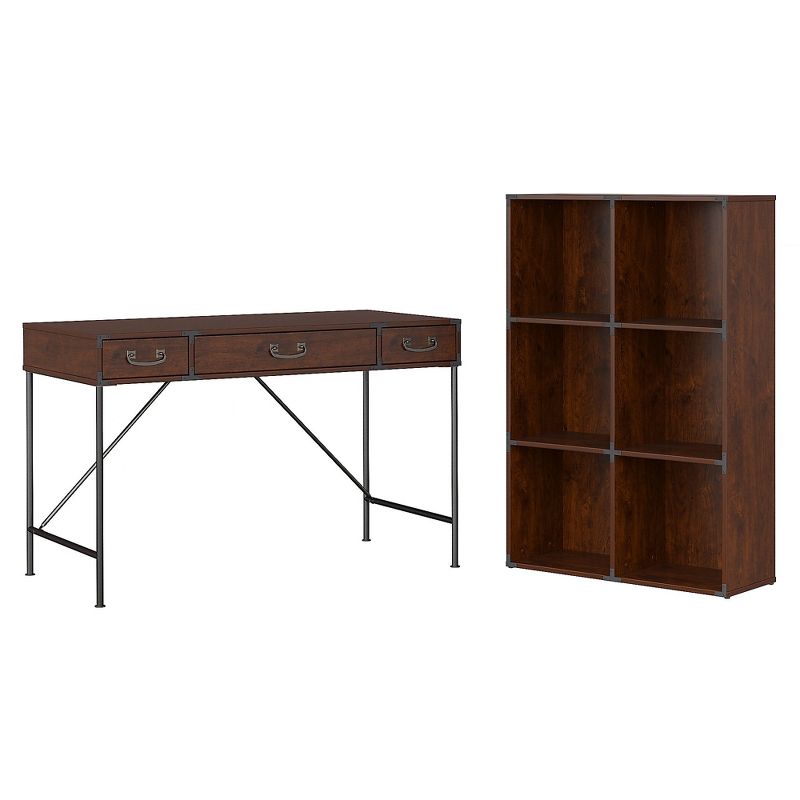 kathy ireland Home by Bush Furniture Ironworks 48W Writing Desk and 6 Cube Bookcase, Coastal Cherry