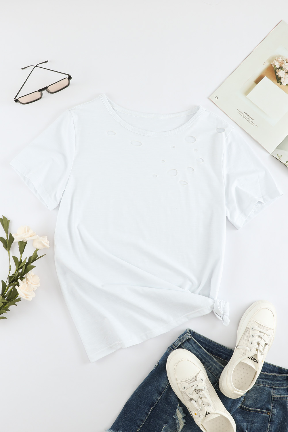 Blank T Shirt - White Distressed Short Sleeve Summer Plain T-Shirt Customized