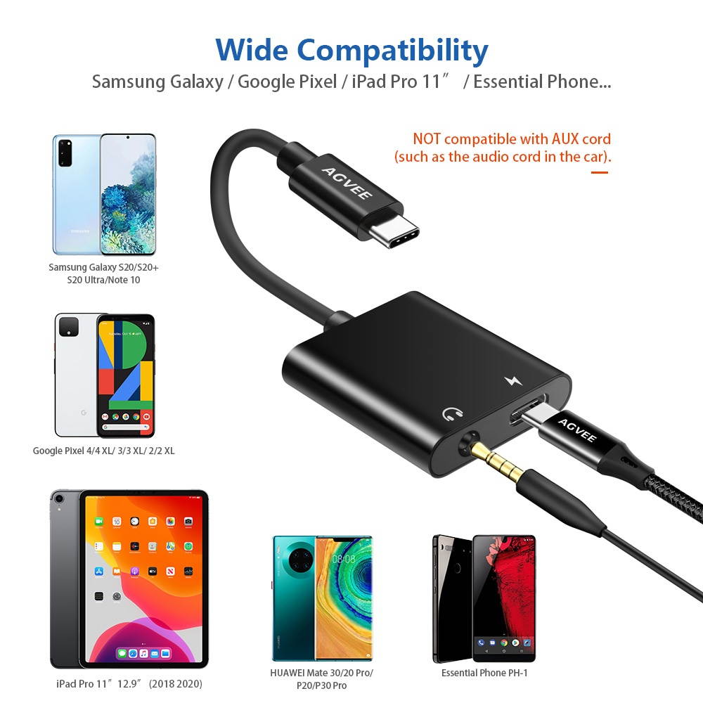 AGVEE 2-in-1 USB-C to 3.5mm Jack Microphone Headphone Adapter, Type-C Mic AUX Earbud Splitter, USBC Audio Earphone Converter, PD Charging Dongle for Samsung S21 S20 Note 20/10, iPad Pro, Pixel, White