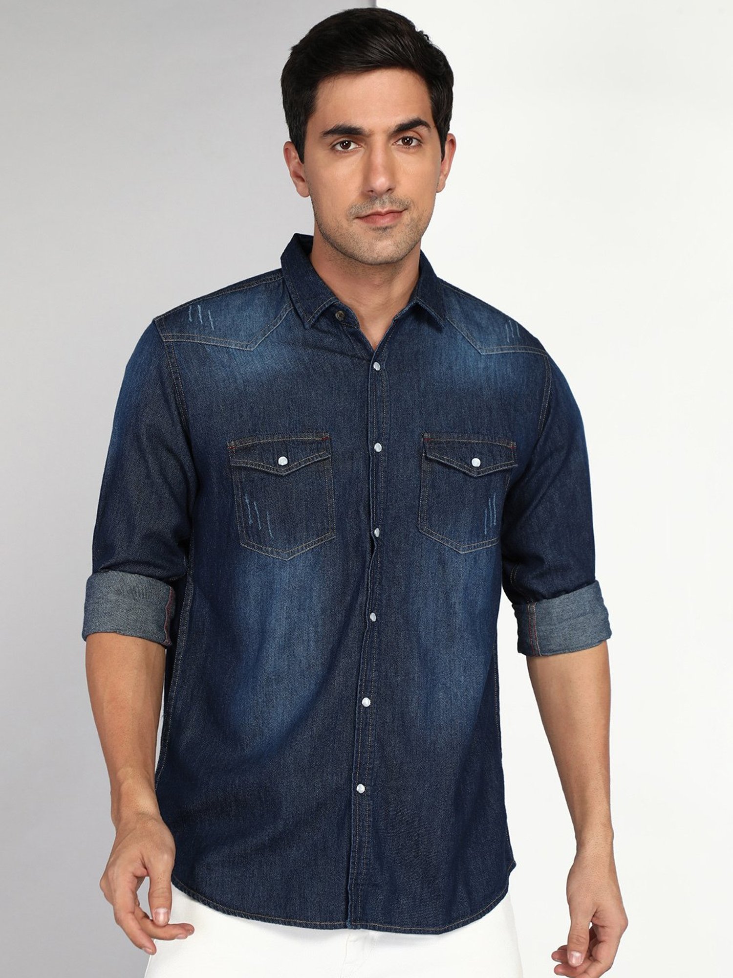 Kuons Avenue Dark Blue Slim Fit Denim Shirt