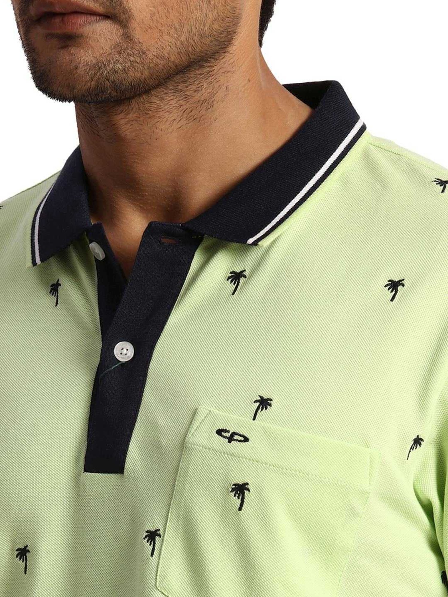 ColorPlus Green Cotton Tailored Fit Printed Polo T-Shirt