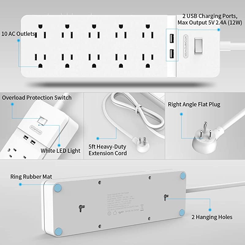 Protector Power Strip NTONPOWER 10 Outlets Power Strip with 2 USB Ports Power Strip Flat Plug 5ft HeavyDuty Extension Cord 15A Circuit Breaker Wall Mount for Home and Office White
