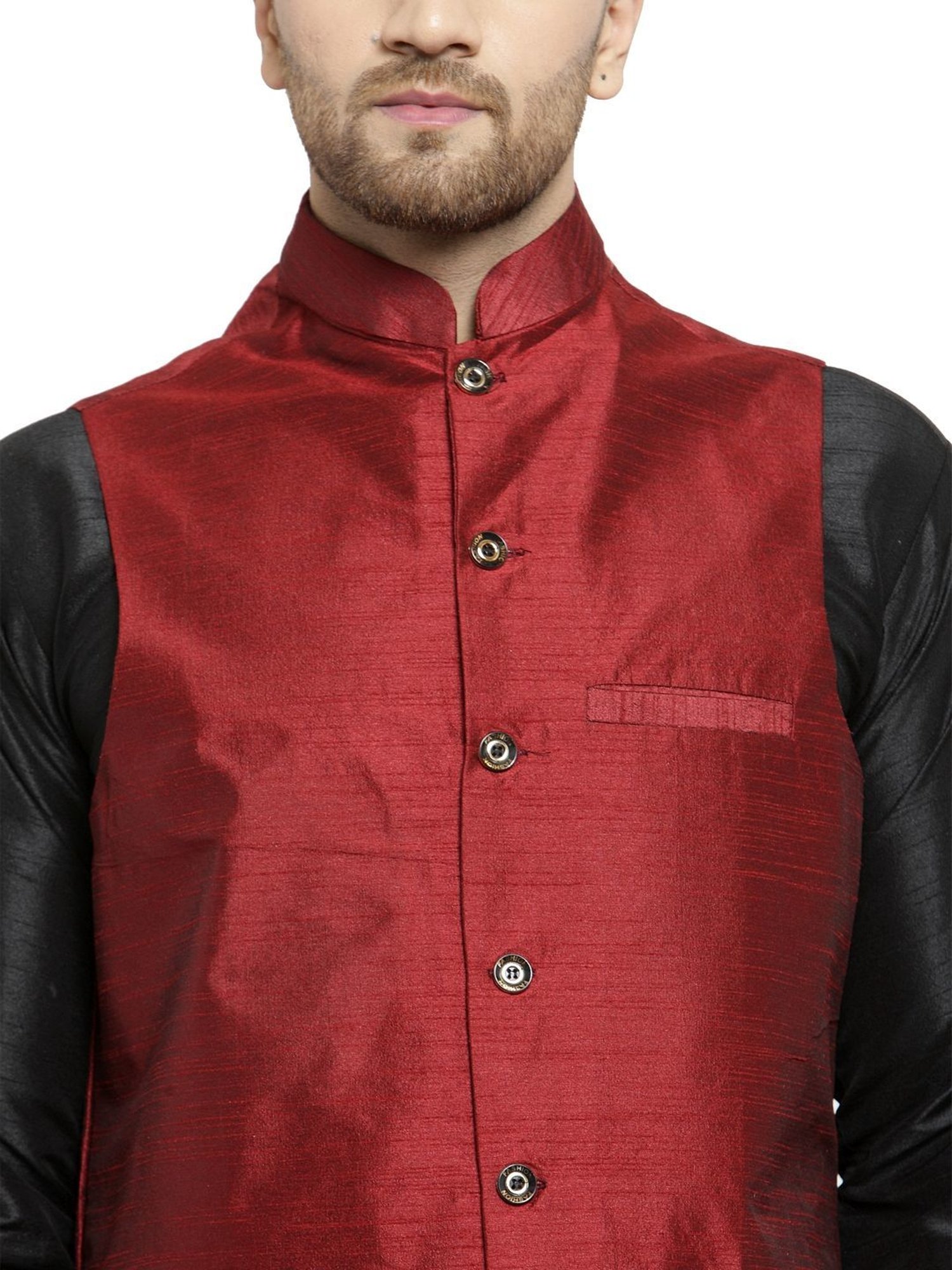 Benstoke Black & Maroon Regular Fit Kurta Set With Jacket