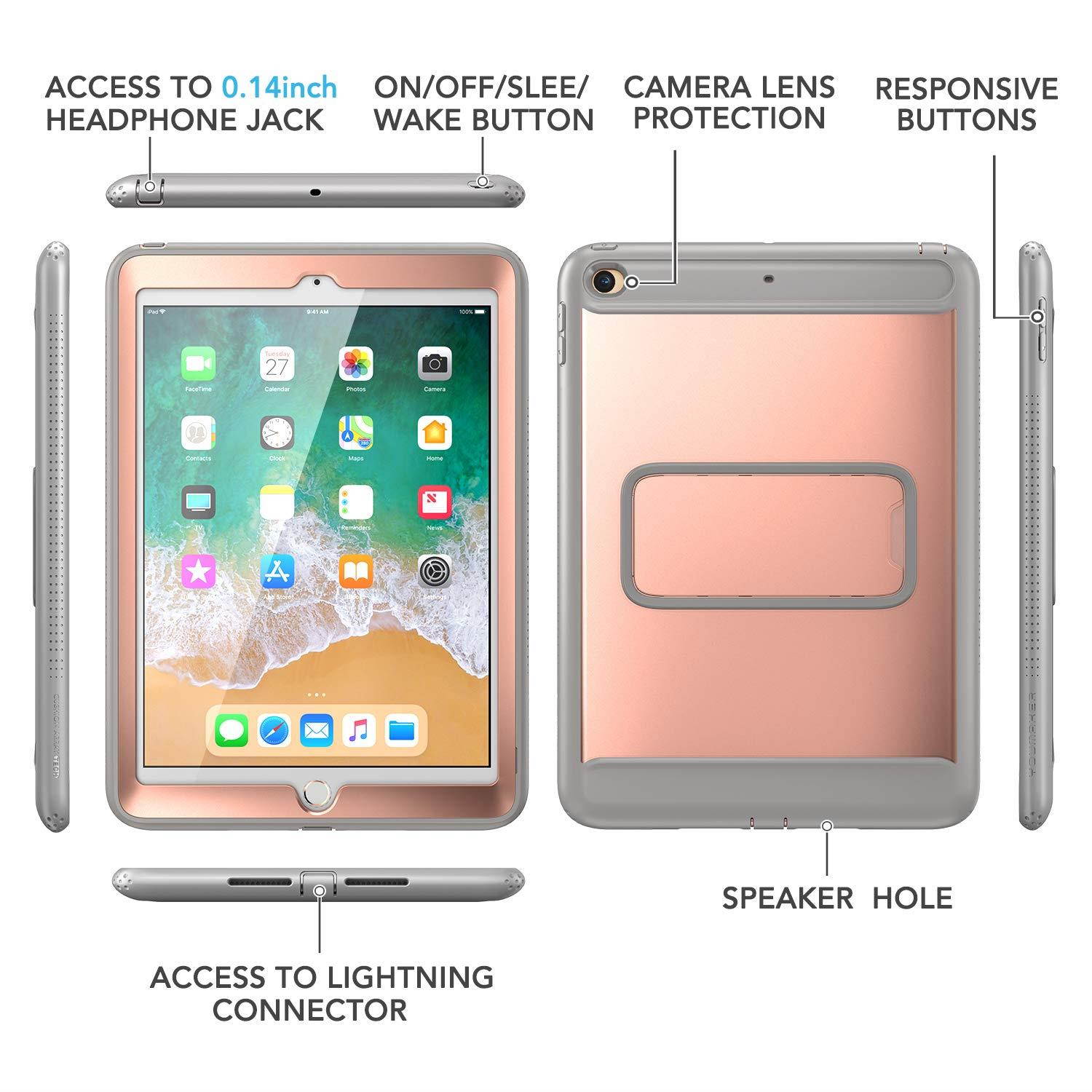 YOUMAKER Case for New iPad 9.7 2018/2017, Heavy Duty Kickstand with Built-in Screen Protector Full-Body Shockproof Protective Case Cover for Apple iPad 9.7 inch 2017/2018 5th/6th Gen (Rose Gold/Gray)