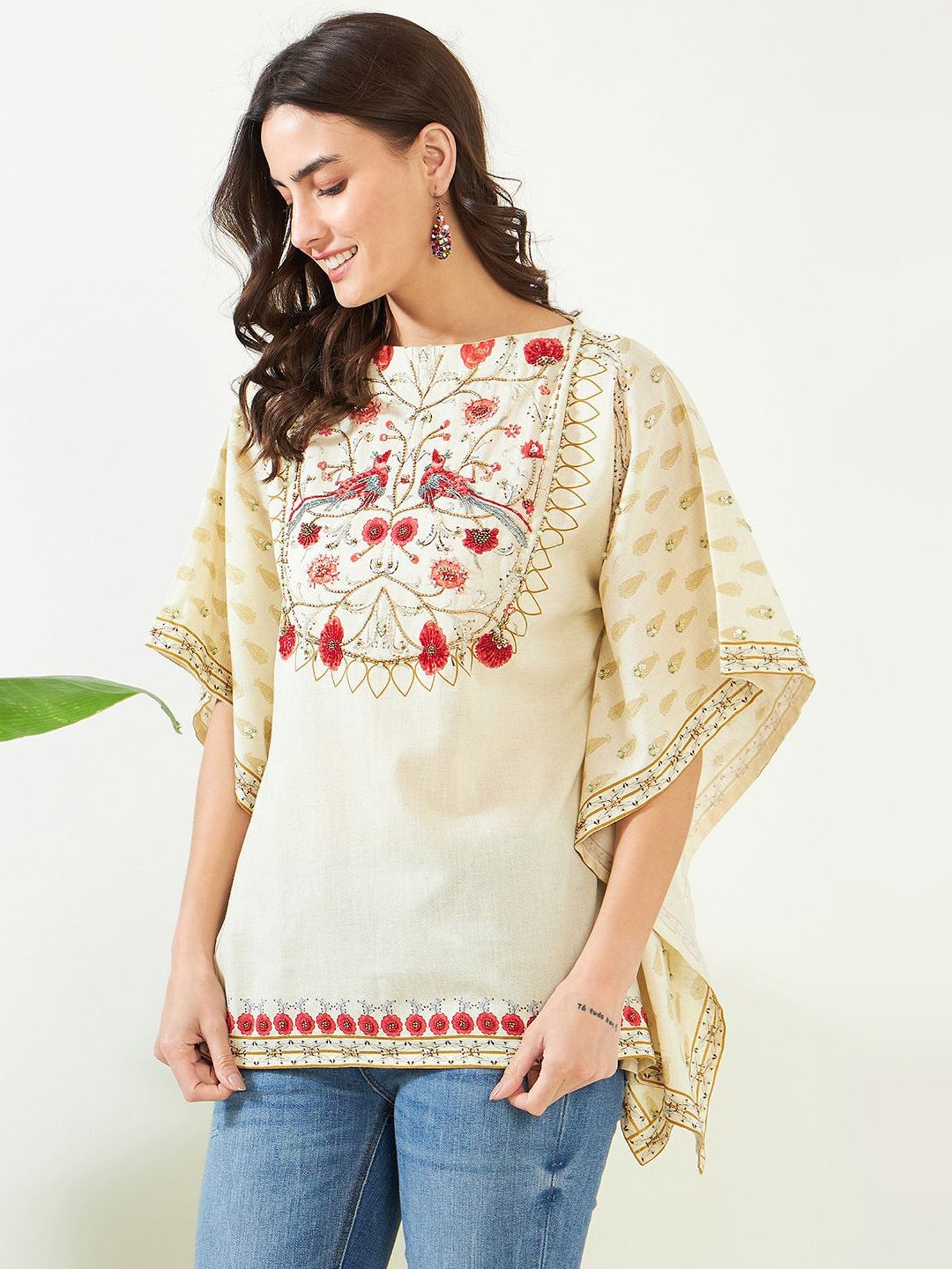 The Kaftan Company Ivory Viscose Embroidery Kaftan