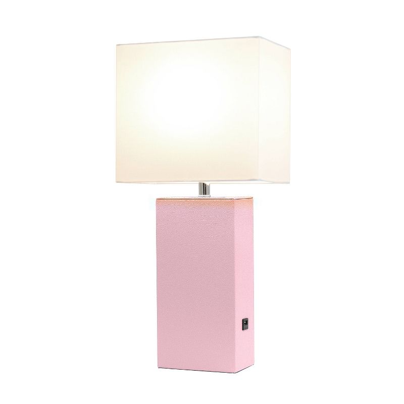 Modern Leather Table Lamp with USB and Fabric Shade Blush Pink - Elegant Designs