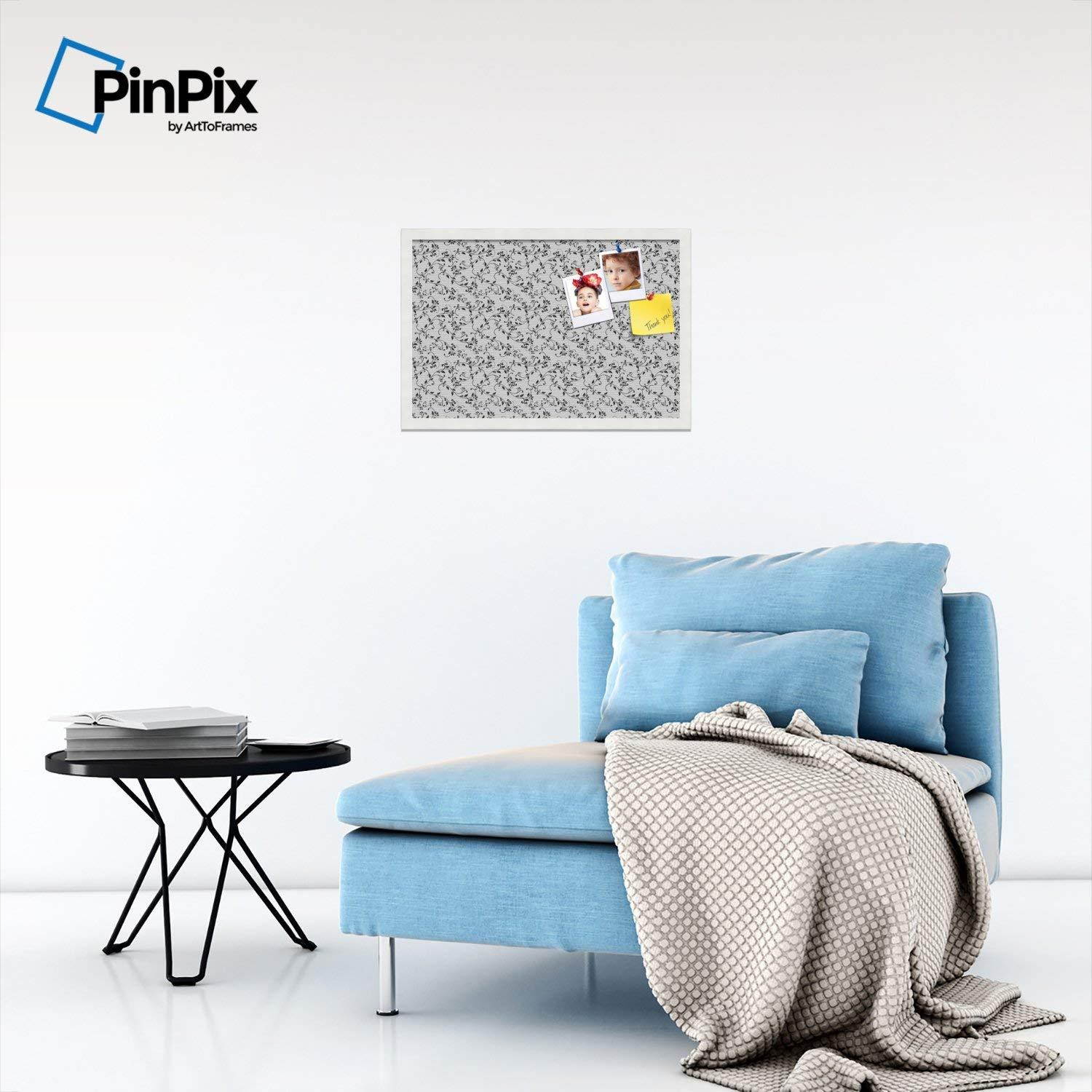 PinPix custom printed pin cork bulletin board made from canvas, Delicate Floral Design 24 x 16 Inches (Completed Size) and framed in Satin White Frame (PinPix-178)