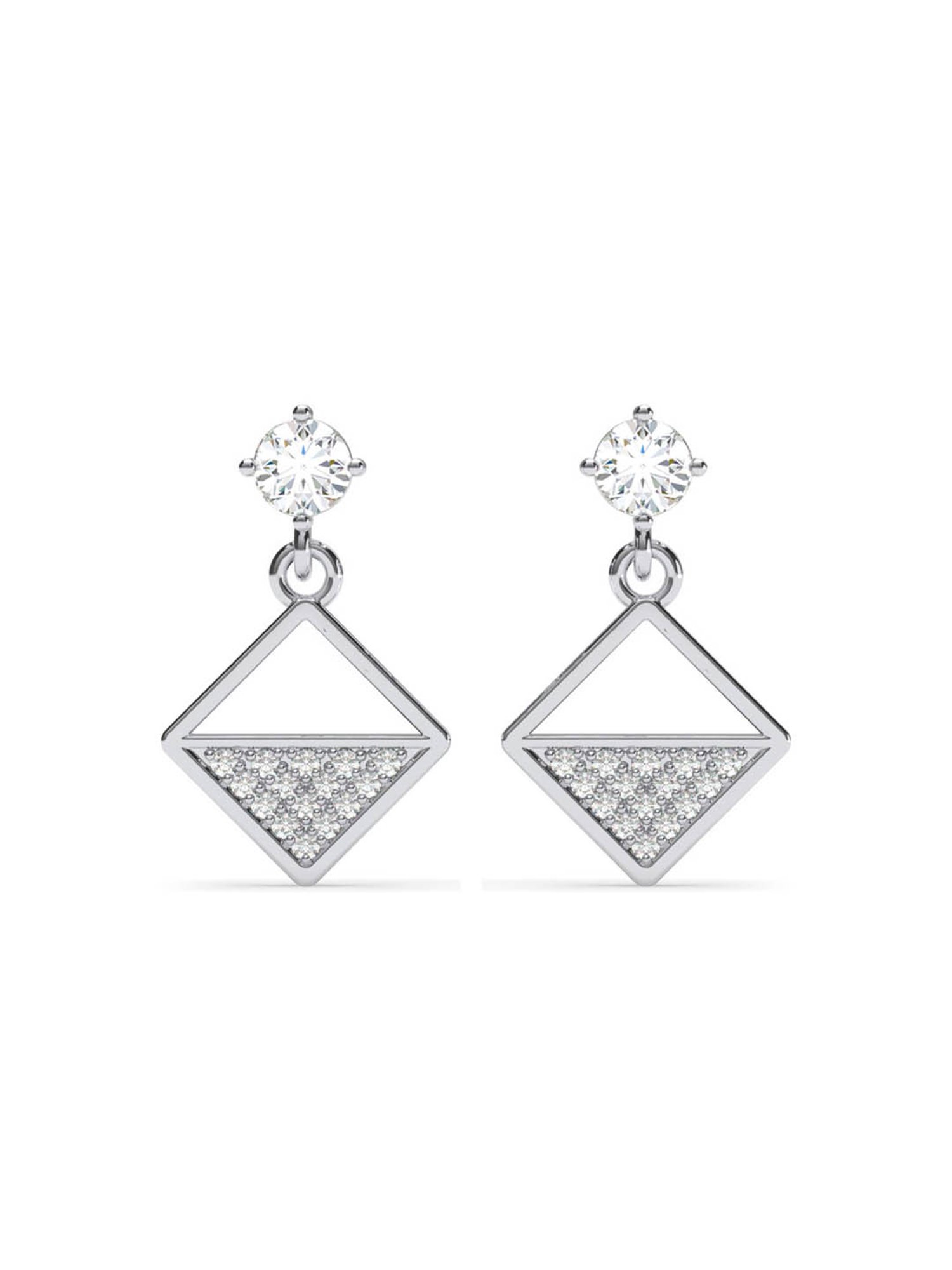 Clara 925 Silver Platinum Plated Swiss Zirconia Zeta Square Earrings Elegant Gift for Women