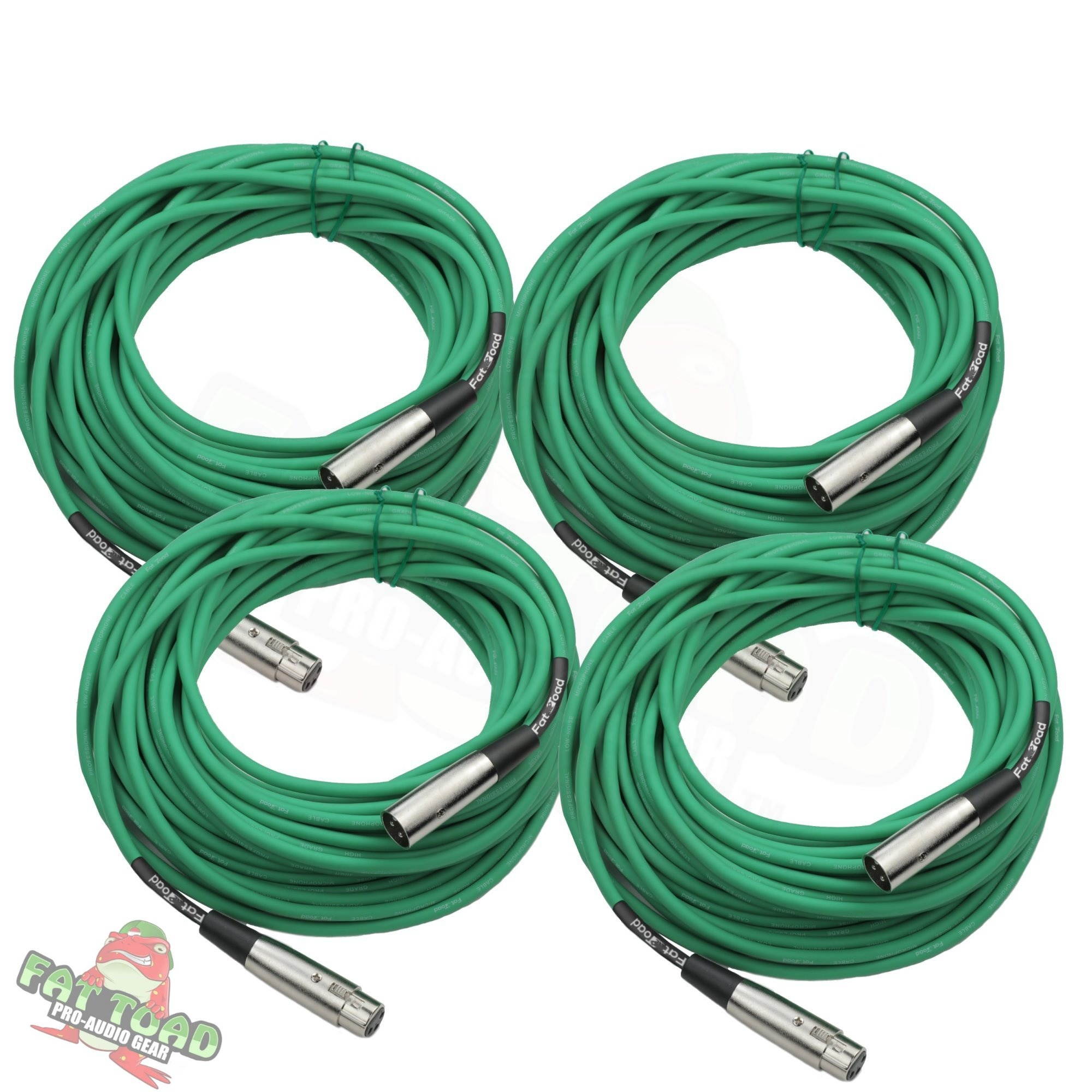 XLR Microphone Cables (4 Pack) by FAT TOAD | 50ft Professional Pro Audio Green Mic Cord Extension Patch with Lo-Z Connector | 20 AWG Shielded Wire & Balanced for Music Recording Studio Mixer Gear