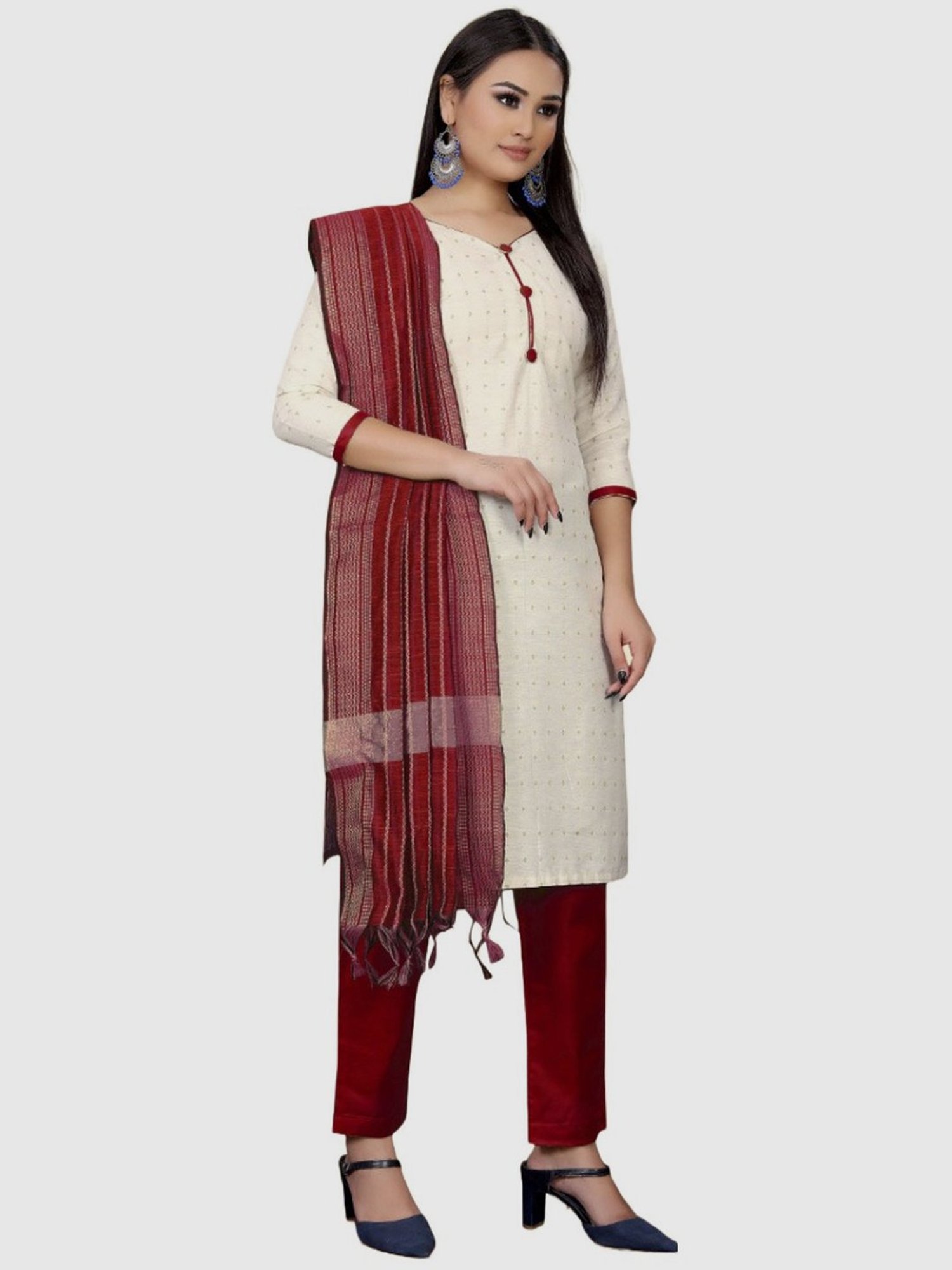 APNISHA White & Maroon Cotton Printed Unstitched Dress Material