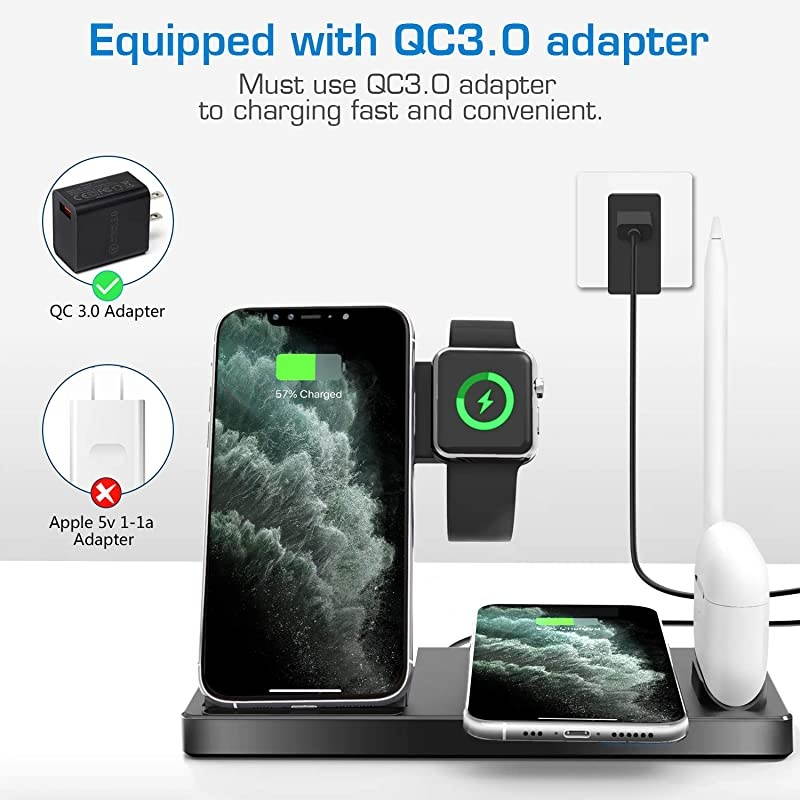 Updated Version,Wireless Charger 5 in 1, Wireless Charging Station for iWatch 6/5/4/3/2/1& AirPods3/2/1 & Pencil & iPhone 12/11/11 Pro Max/XR/XS Max/Xs/X/8/8P Black(No iWatch Charging Cable)