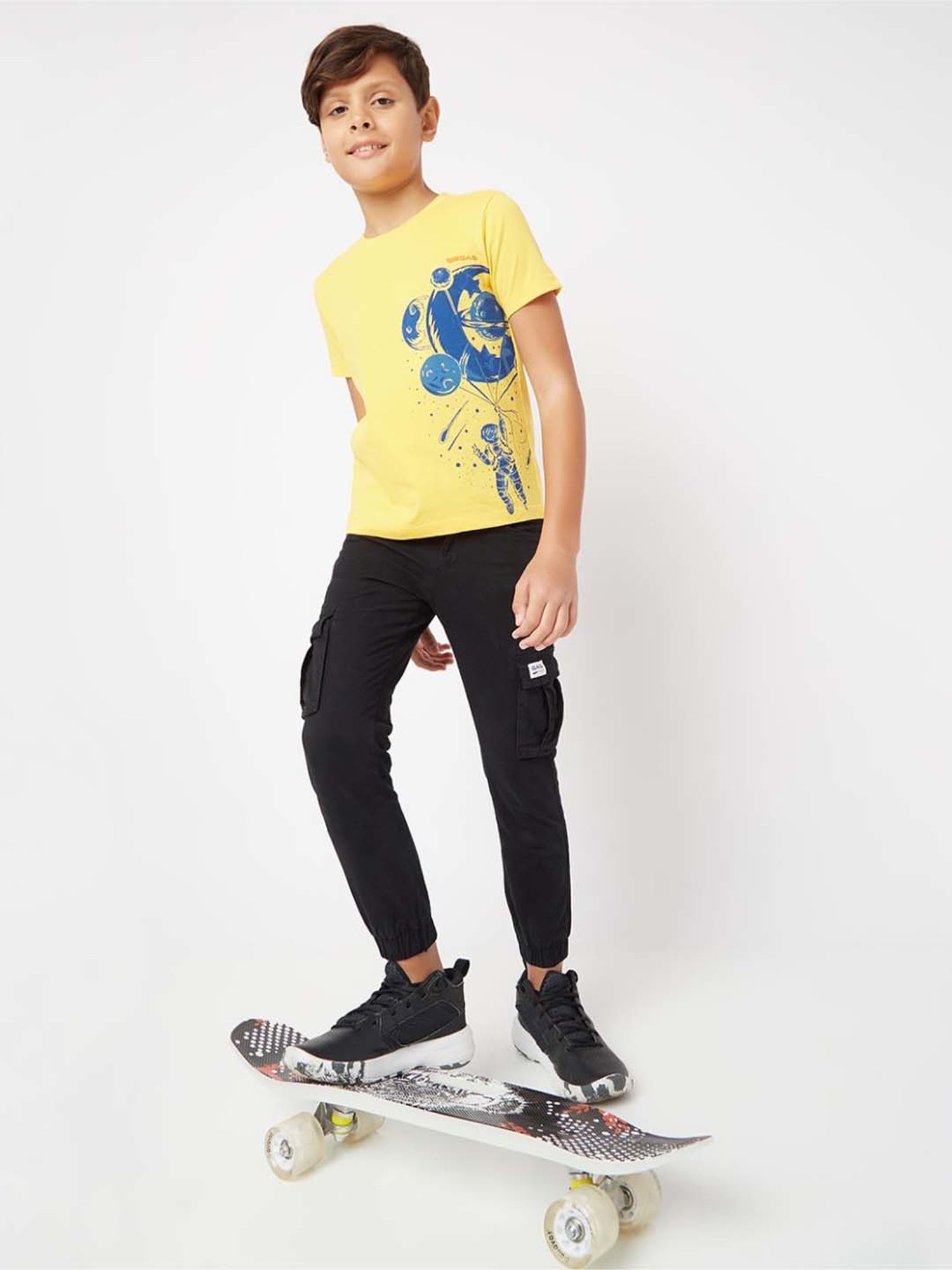 Gas Kids Vibrant Yellow & Blue Cotton Printed T-Shirt