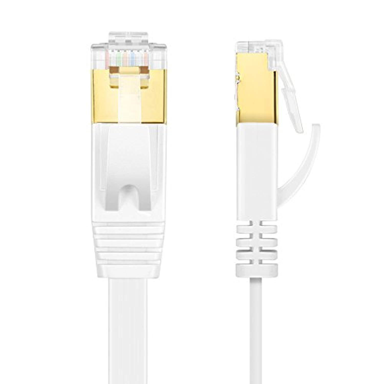 tnp cat7 shielded ethernet flat patch network cable  10gbps 600mhz high performance with snagless rj45 connectors gold plated plug s/stp wires networking cable wiring black 10 feet, white